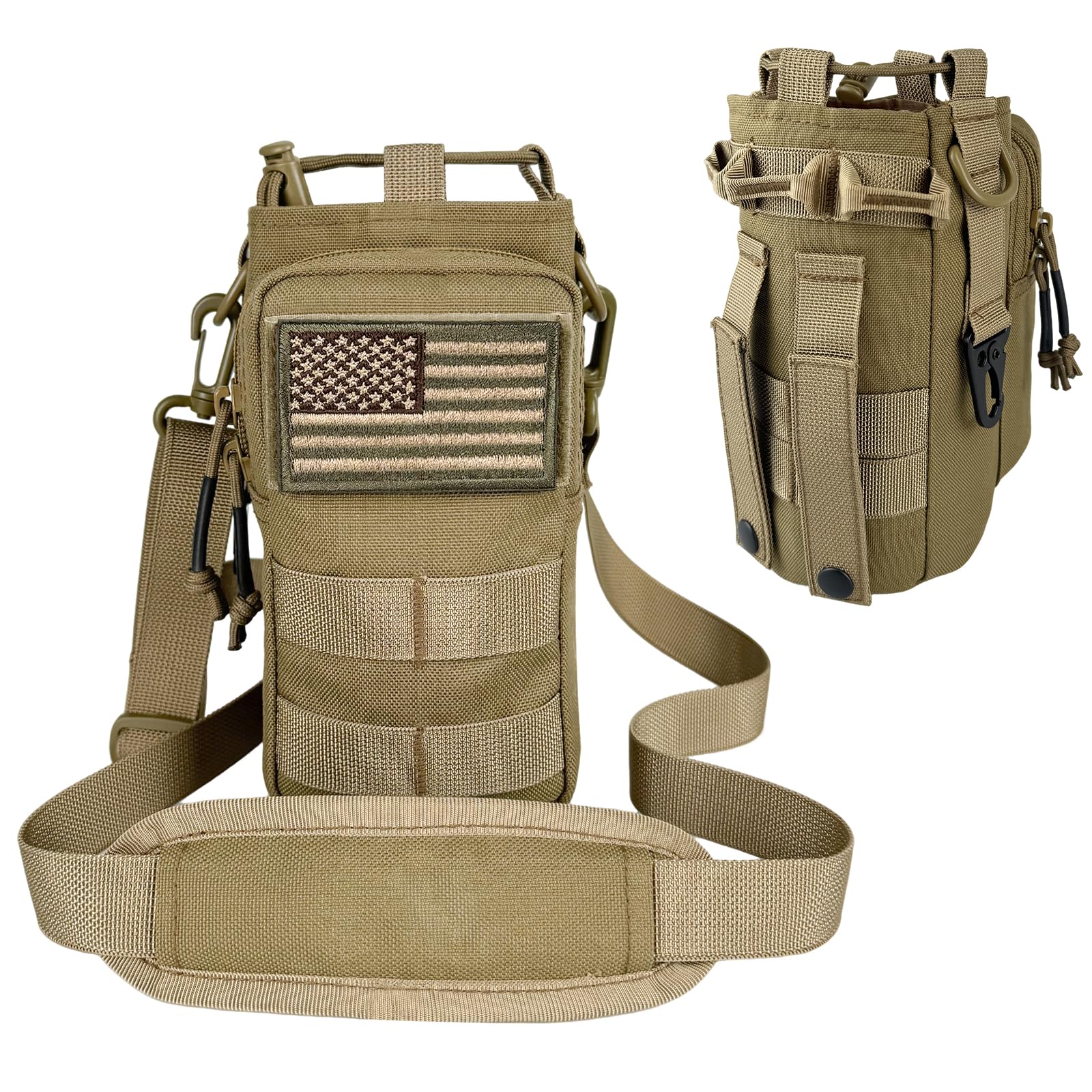 Water Bottle Sleeve with Strap - Insulated Water Bottle Holder with MOLLE System for Backpack Tactical Khaki Crossbody Pouch for Walking Hiking Fishing Camping Gym 32oz&24oz — image 1