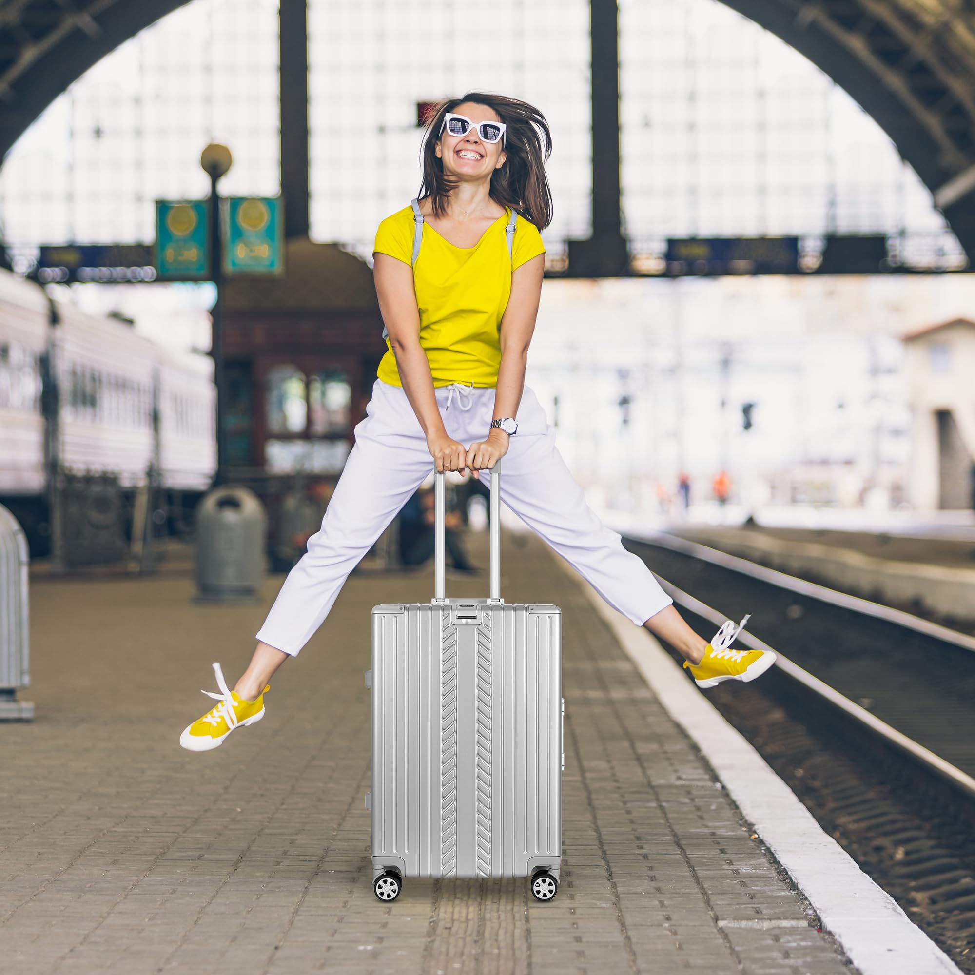 WINLIFE ZESTAW OSZCZĘDNOŚCIOWY M+XL Walizka podróżna z ramą aluminiową z ABS i zamkiem numerycznym TSA Bagaż podręczny M(53cm)+Walizka na kółkach do odprawy XL(75cm) Walizka z twardą skorupą | Srebrna