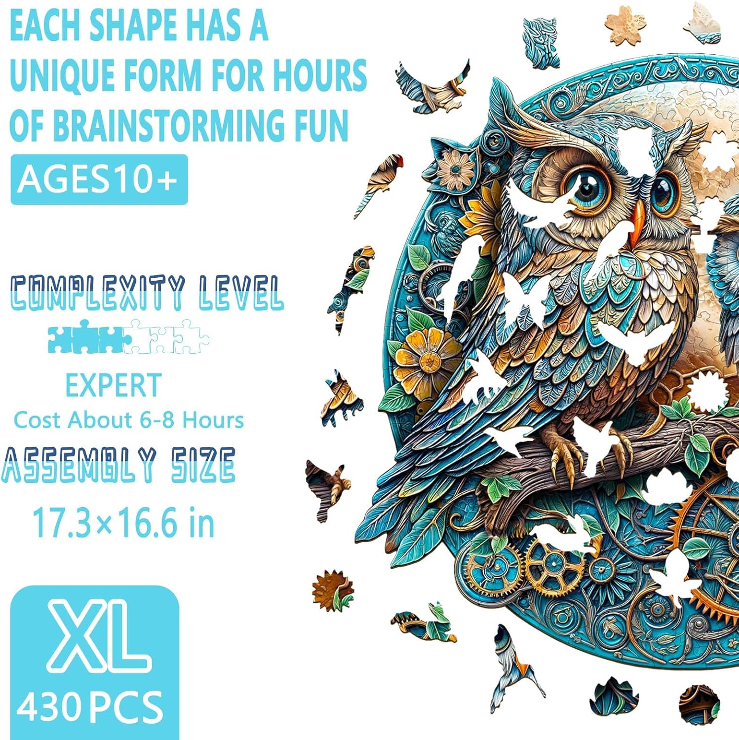 Wooden Puzzles for Adults, Embossed Owl Wooden Jigsaw Puzzle, Wall Art Home Decor (XL-17.3 * 16.6in-430 Pieces)