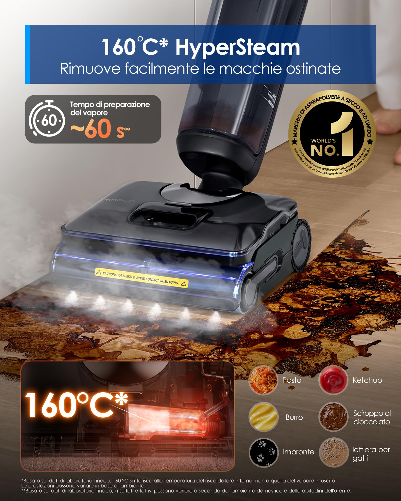 Tineco FLOOR ONE S7 Stretch Steam Lavapavimenti Aspirapolvere a Vapore Senza Fili, 160℃ HyperSteam, 180° Posizione Piana, Design Anti-Ingroppamento, Auto-pulizia FlashDry, Fino a 80 min di autonomia