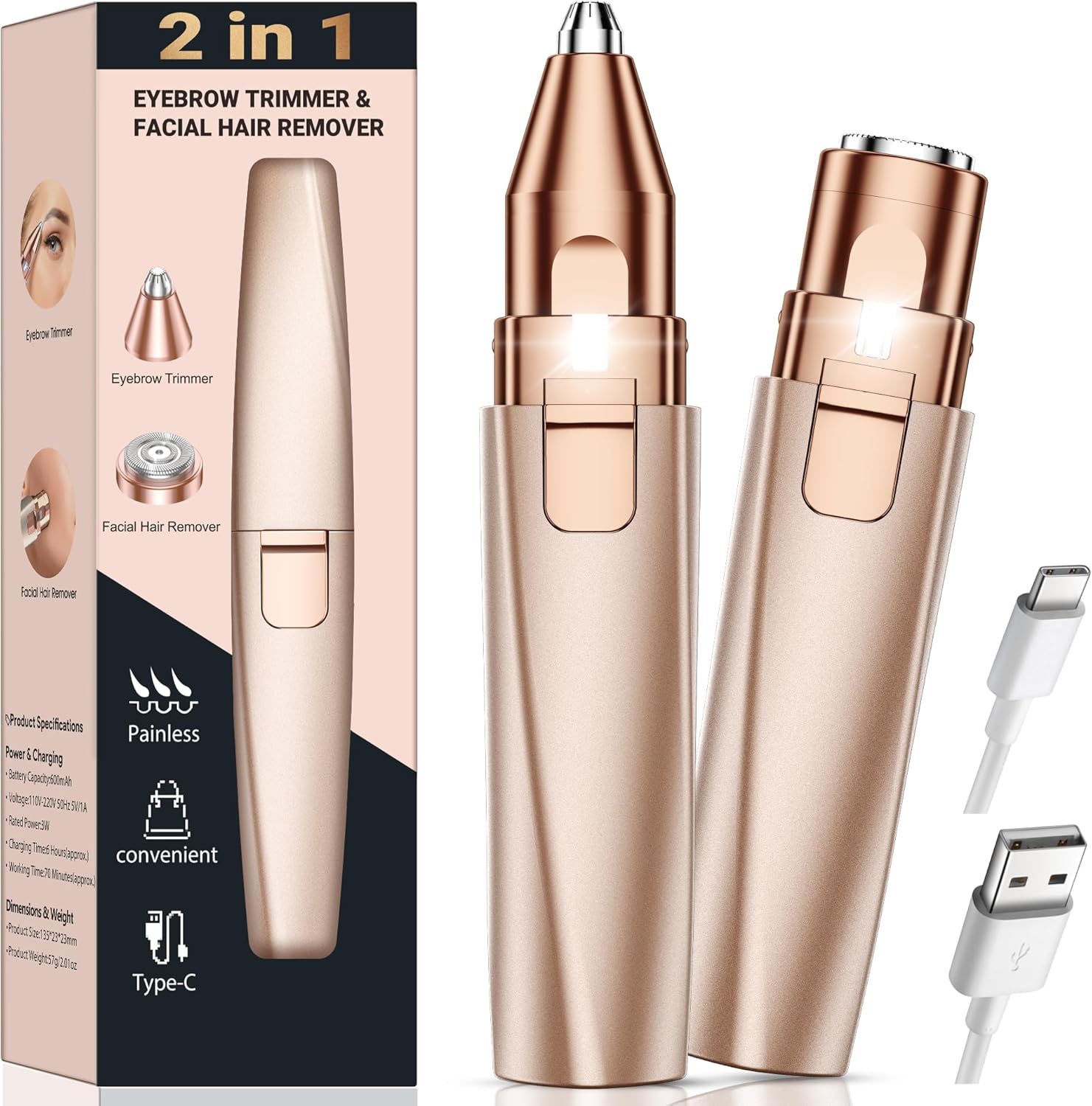 Eyebrow Trimmer Facial Hair Removal for Women: 2 in 1 Rechargeable Face Shaver and Eyebrow Razor – Painless Electric Hair Remover Device for Peach Fuzz Fine Hairs Upper Lip Chin