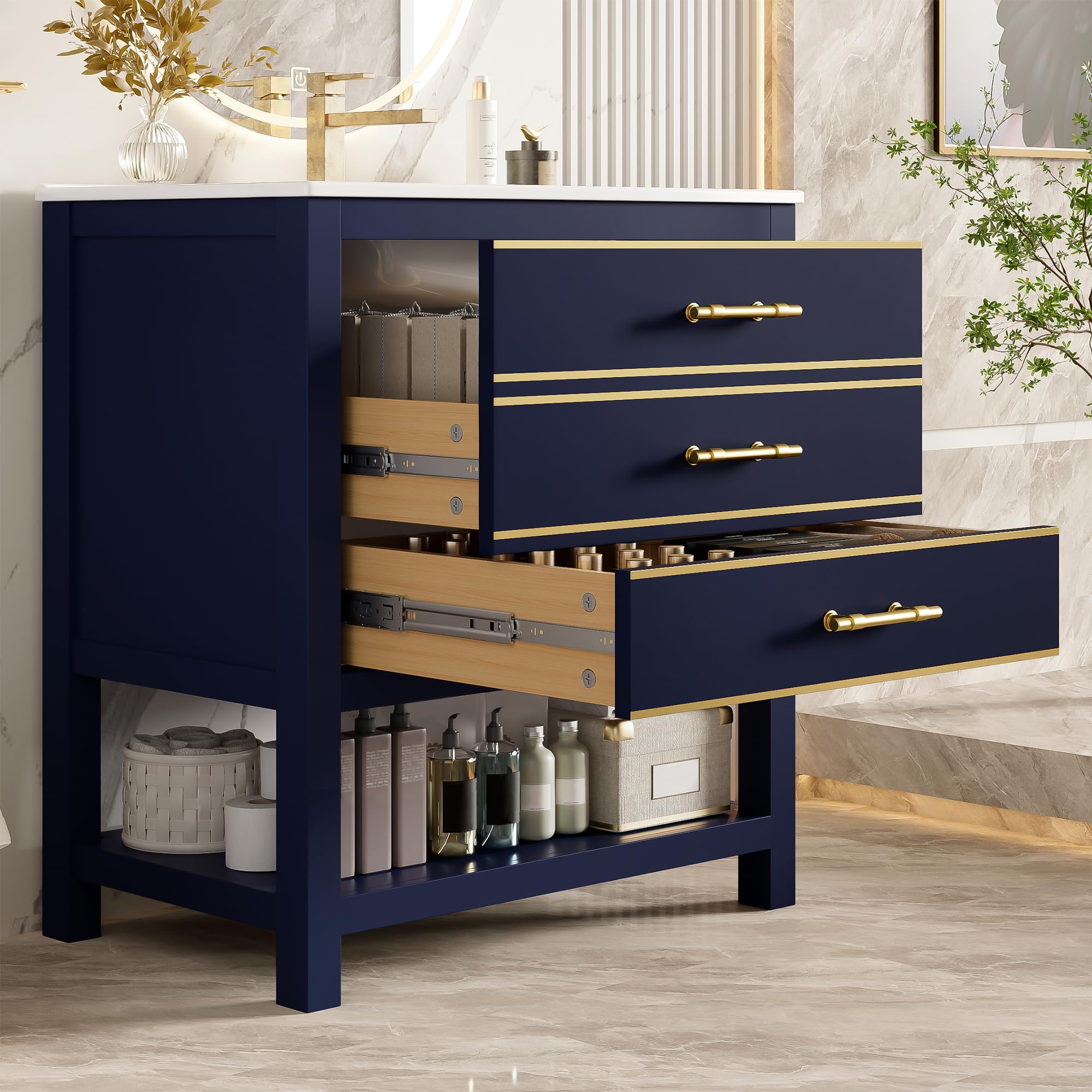 Mueble de baño con lavabo de cerámica negro y azul, 70 x 90 cm, mueble de baño independiente con 2 cajones, compartimento abierto, asas doradas, sin grifería