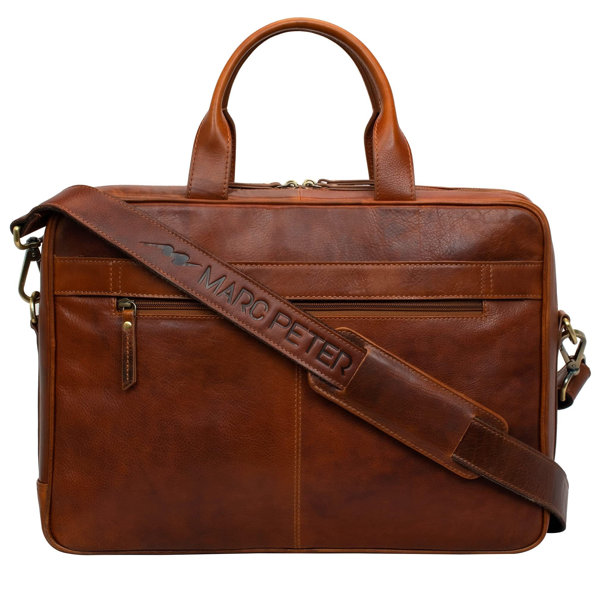 Marc Peter Bolso bandolera de piel para ordenador portátil de 15,6 pulgadas, maletín para ordenador portátil, para hombre y mujer, Bronceado, Mittelgroß