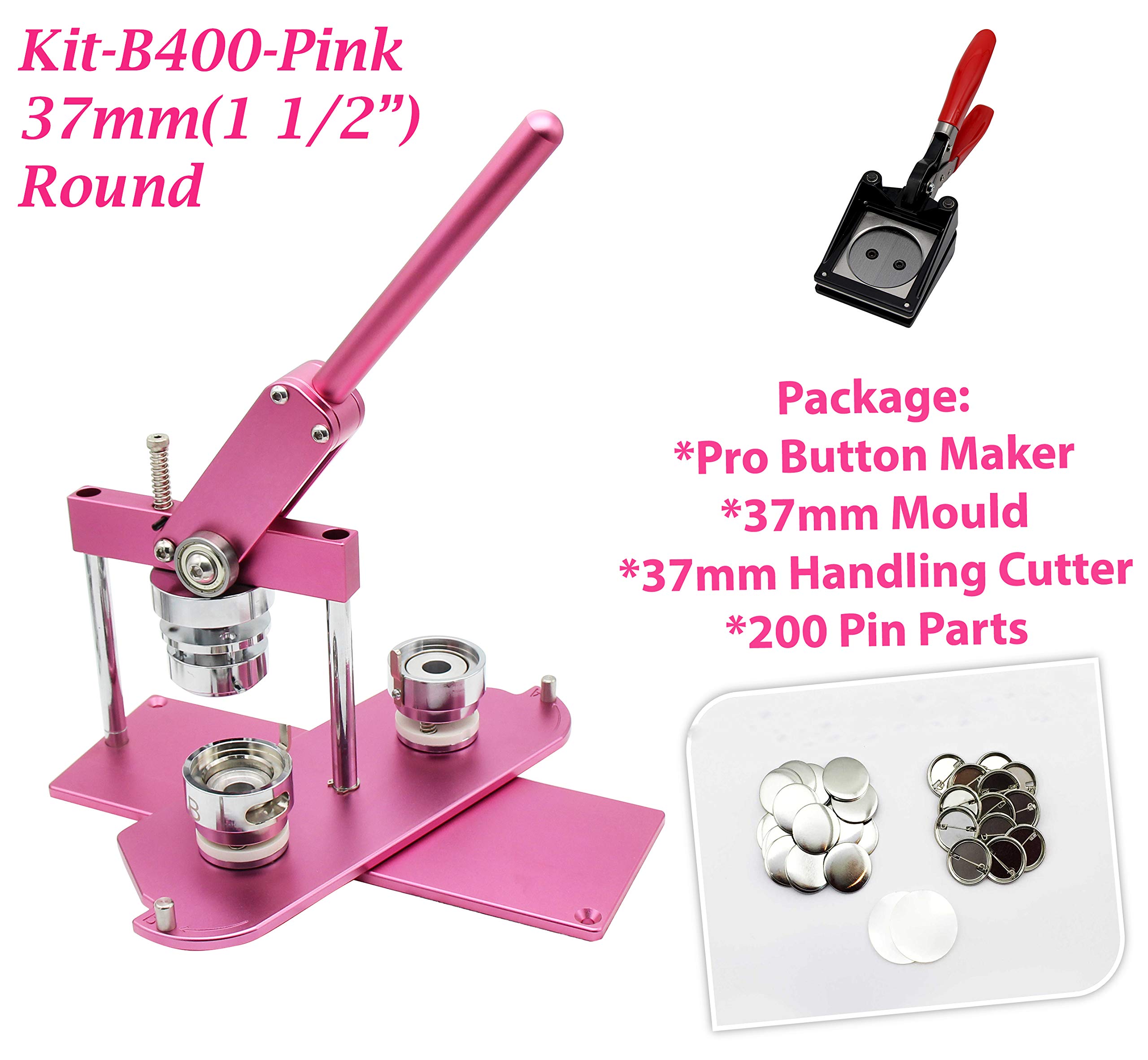 ChiButtons B400 Pro 37mm (1.5") Metric Button Maker Machine Kit | All-Metal Press with 200 Parts, Interchangeable Moulds & Handling Cutter | Create Promotional Badges, Custom Pins, Gifts (Pink-New)