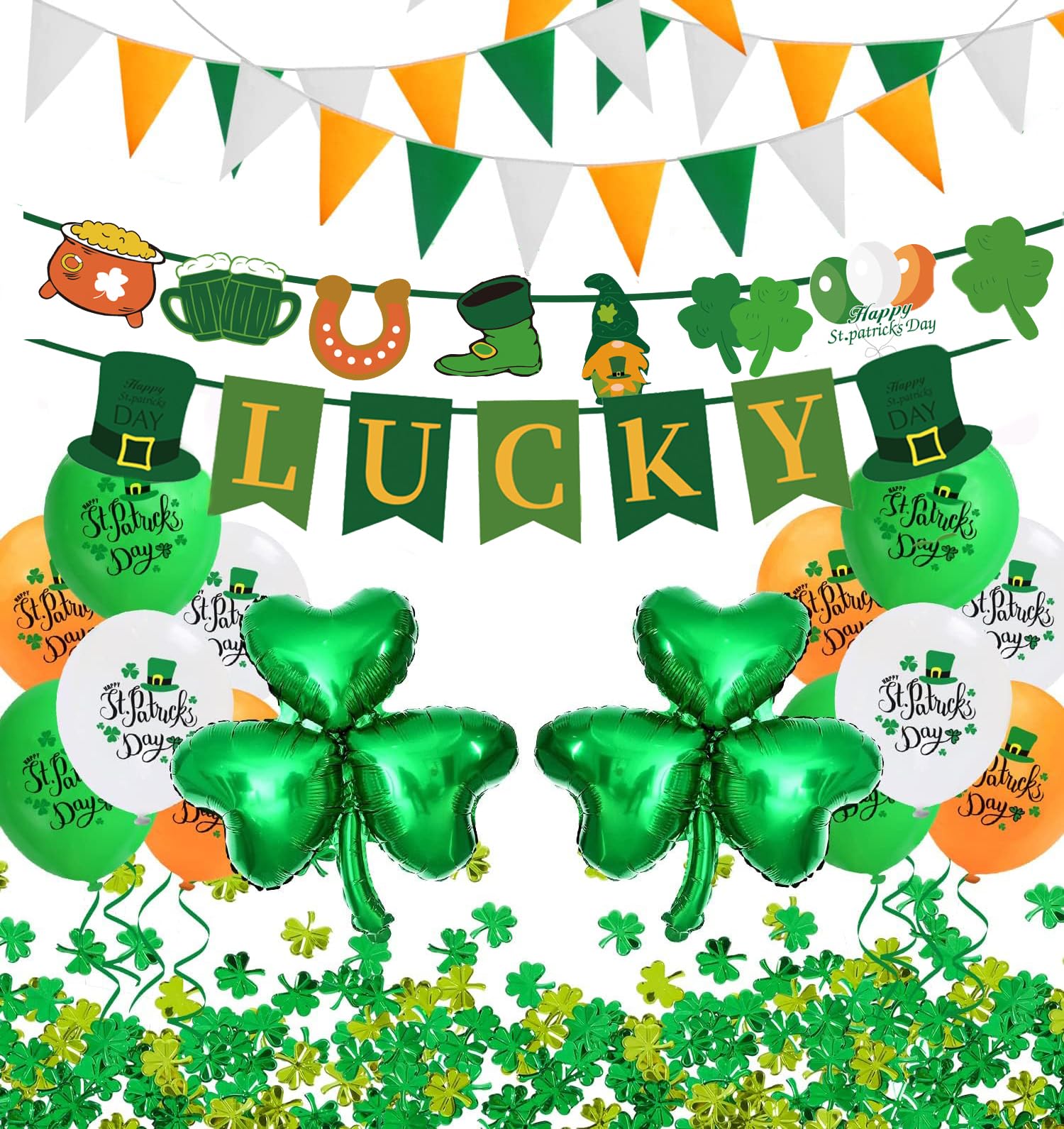 St Patrick’s Day Decorations, St Patricks Day Accessories, Irish Flag Bunting, Irish Party Decor, St Patrick’s Day Balloons, Lucky Banner Garland, Shamrocks Confetti for Irish Party Supplies