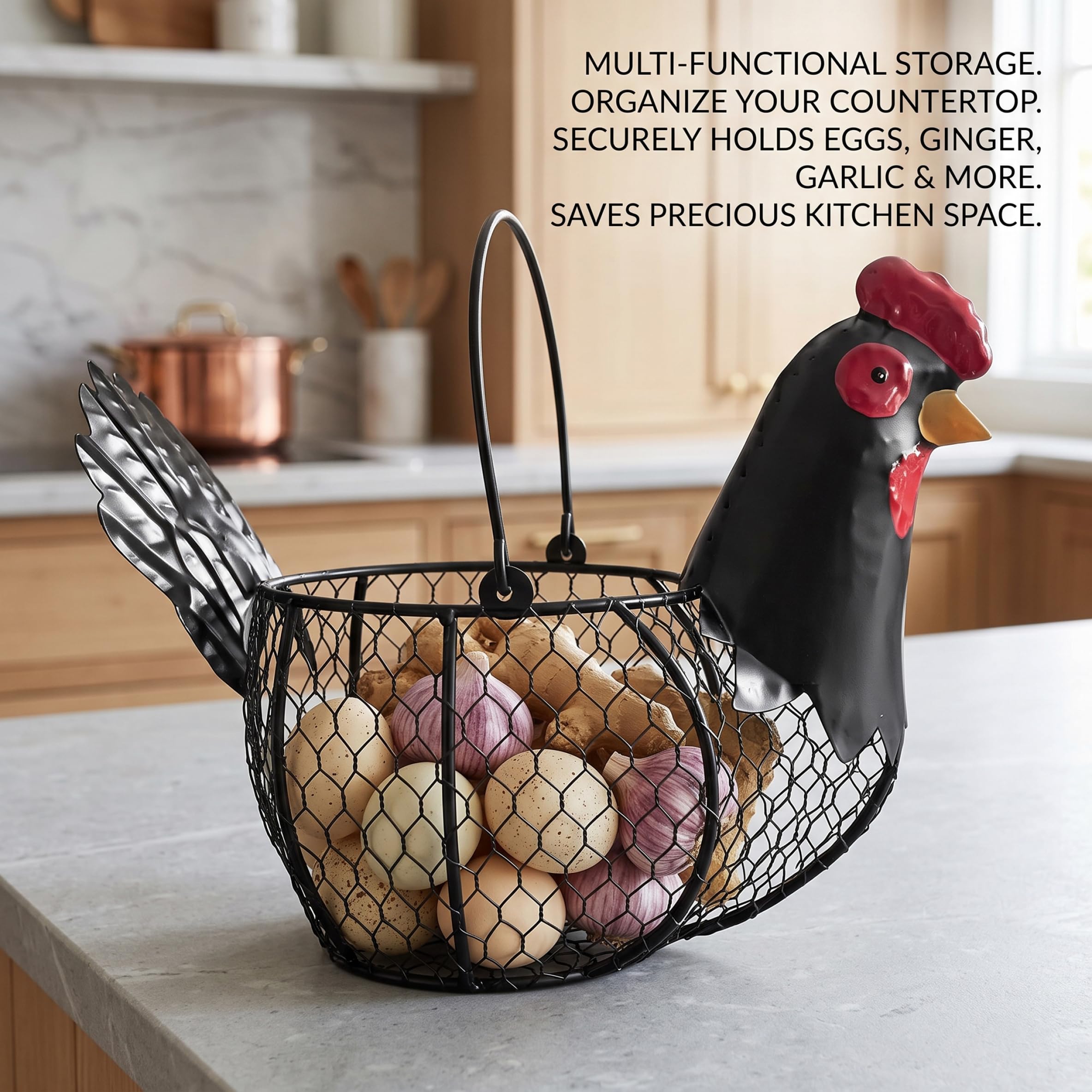 Cesto per uova di gallina in filo metallico nero vintage, cesto per raccolta di uova fresche per l'arredamento della fattoria