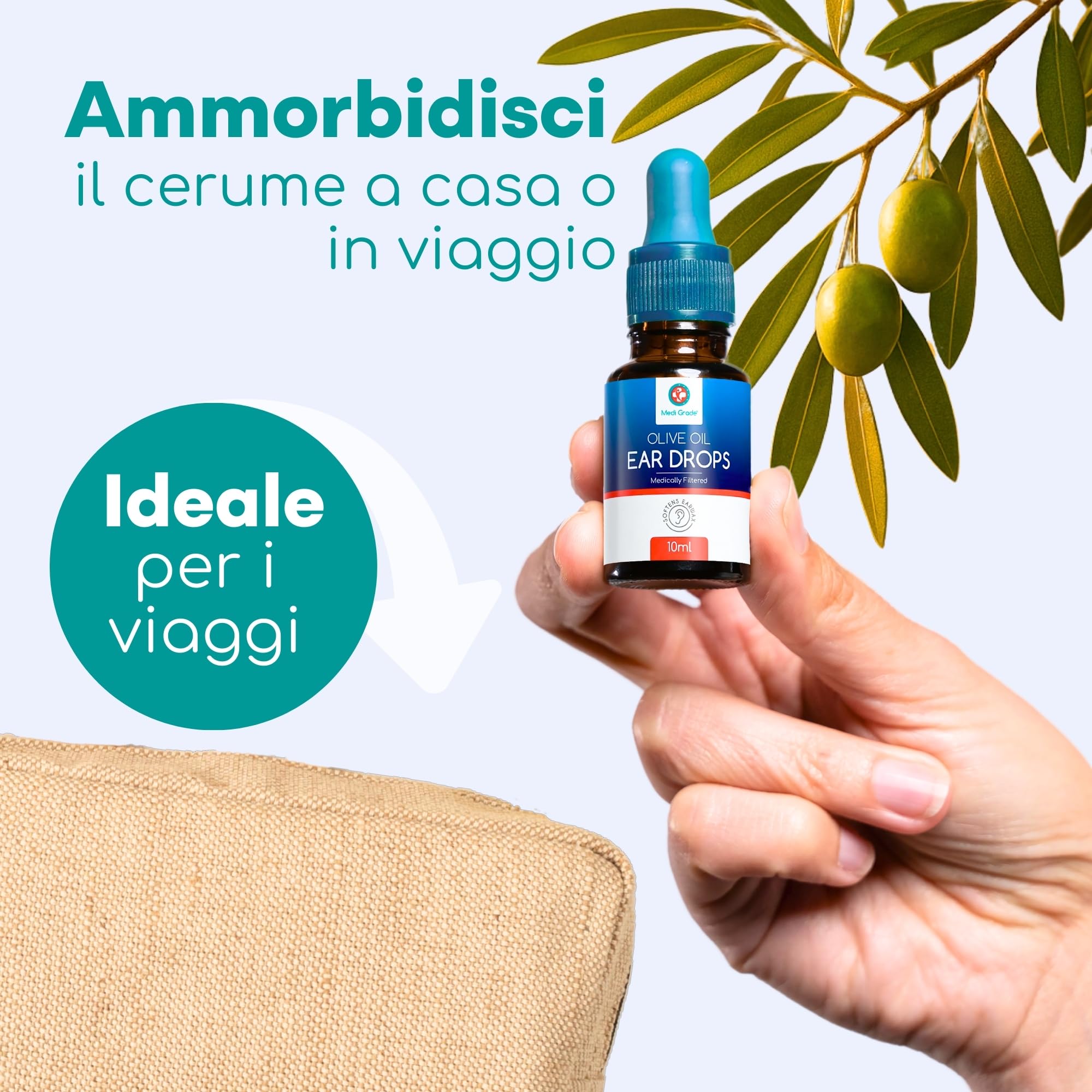 Medi Grade Gocce Auricolari all’Olio Oliva 100% Puro per Pulizia Orecchie – Olio per Rimozione Tappi di Cerume in Boccetta da 10 ml – Ammorbidisce e Rimuove i Tappi Orecchie – Sollievo Rapido