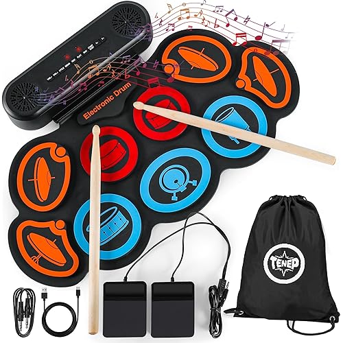 Electric Drum Set 9-Pad, Portable Roll-up Drum Pad USB MIDI, Built-in Speaker, Drum Sticks, Drum Set Foot Pedals Great Holiday Christmas Birthday Gift for Kids Adults