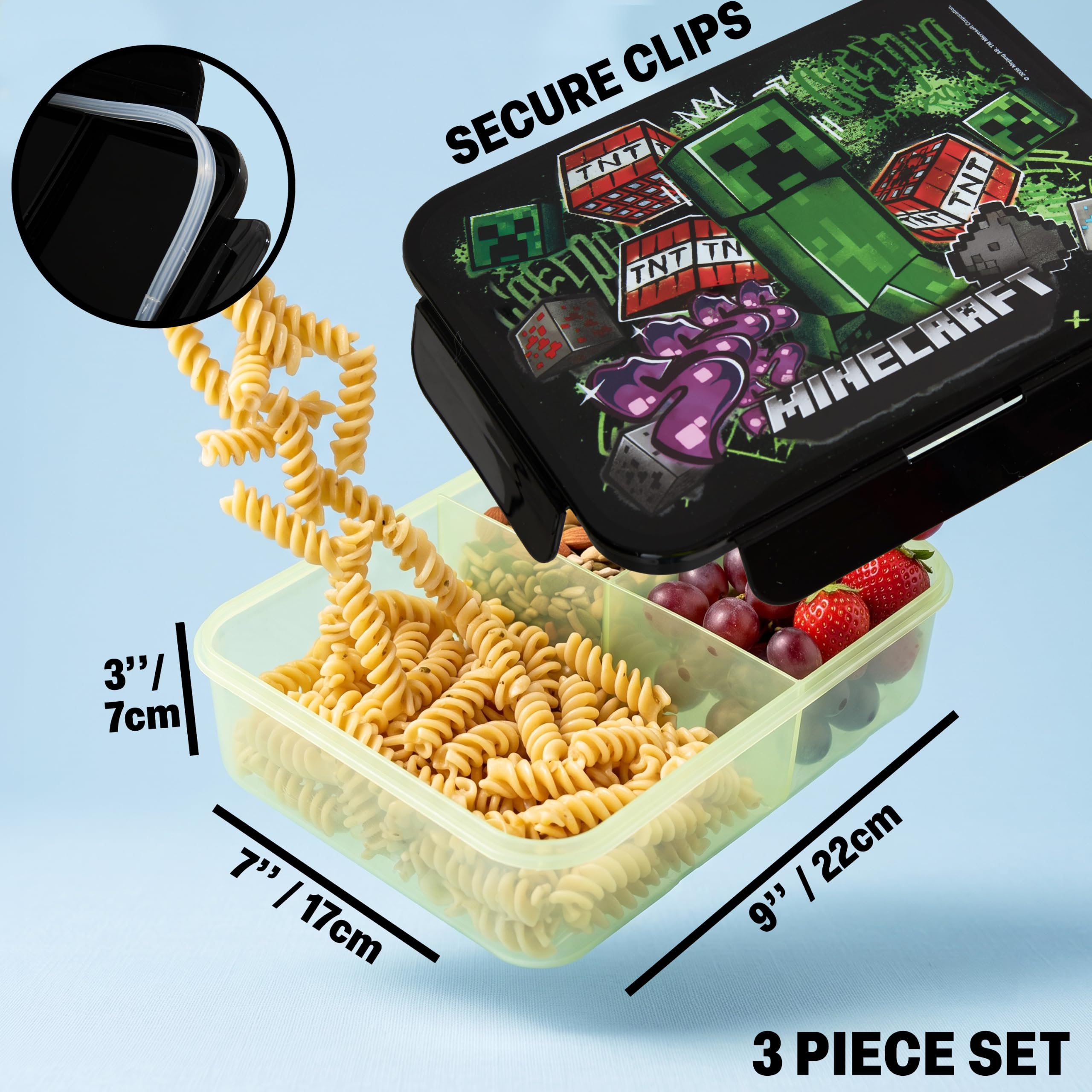 Get Trend Minecraft Brotdose Kinder Set 3-Teilig, Isolierte Lunchtasche, 640ml Trinkflasche & Snackbox mit Fächern, BPA Frei, Leicht & Robust, Bento Box Set für Schule Picknick (Grün/Multi Minecraft)