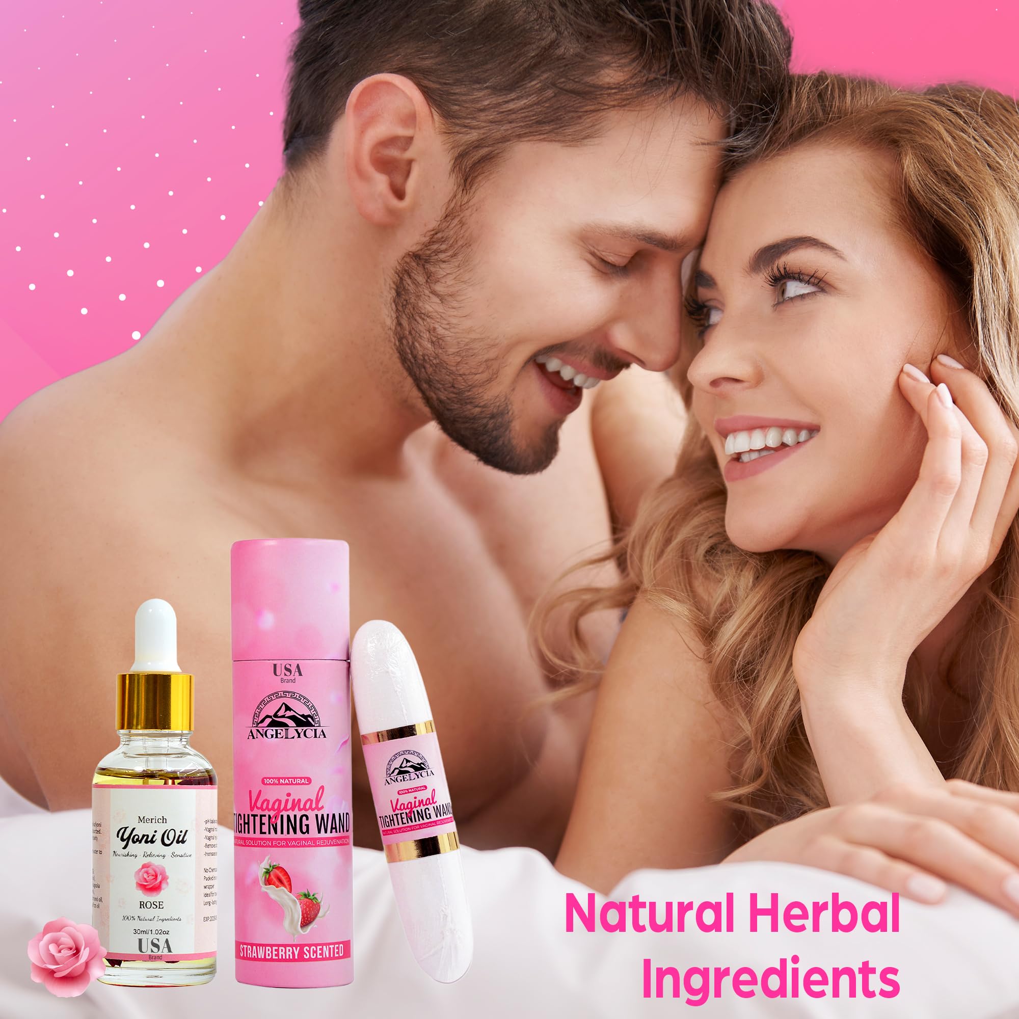 ANGELYCIA Ultimate Feminine Rejuvenation Combo, Virginity Wand Strawberry and Feminine Yoni Detox Oil Rose, Vaginal Tightening Solution, Restores pH Balance for Women,