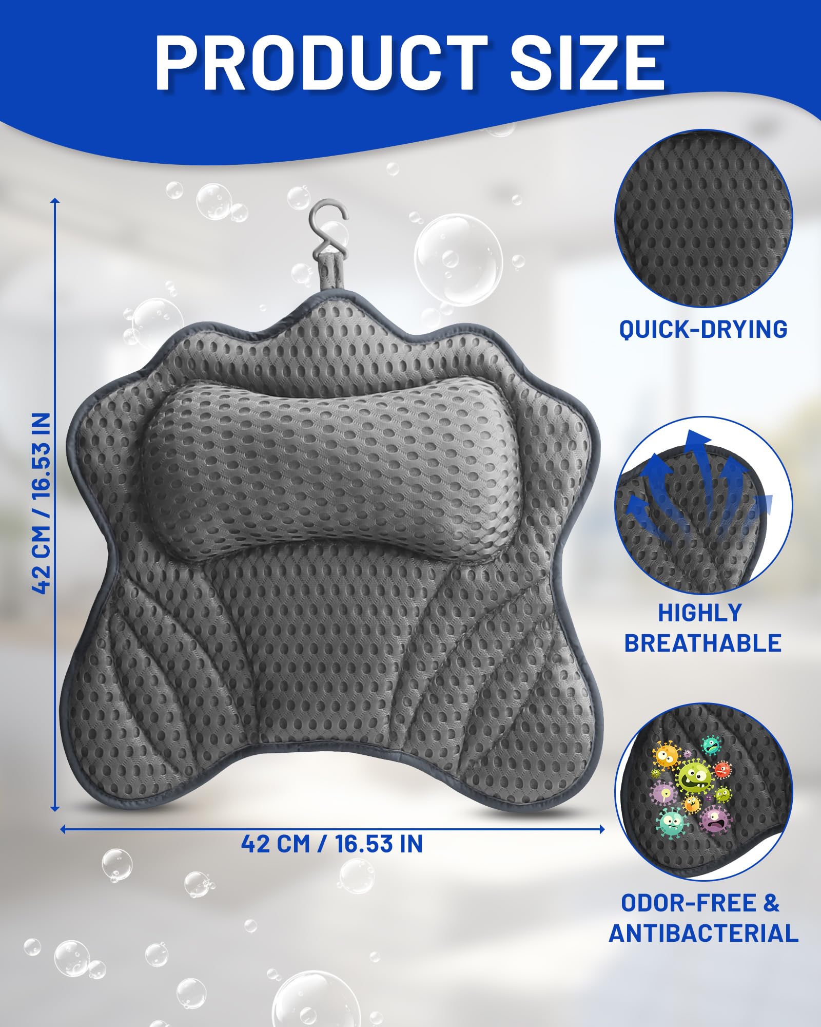Almohada para Bañera, Almohada de Baño, Cojín de Bañera con 6 Ventosas Antideslizantes, Malla 4D, Almohada Bañera para Cuello, Cabeza y Hombros
