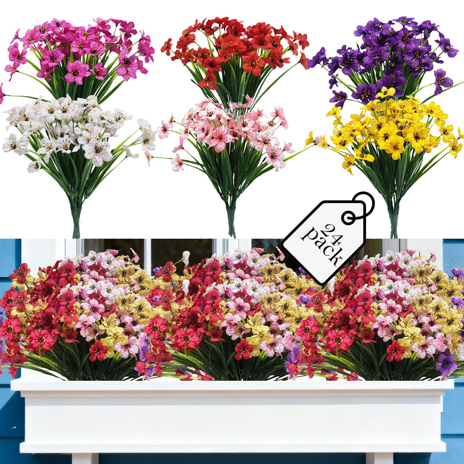 Choisonye 24 Bundles Artificial Flowers for Outdoor, 6 Colors No Fade Fake Plastic Faux Silk Flowers UV Resistant Greenery Shrubs Plants for Indoor Outside Garden Porch Hanging Planters Decoration