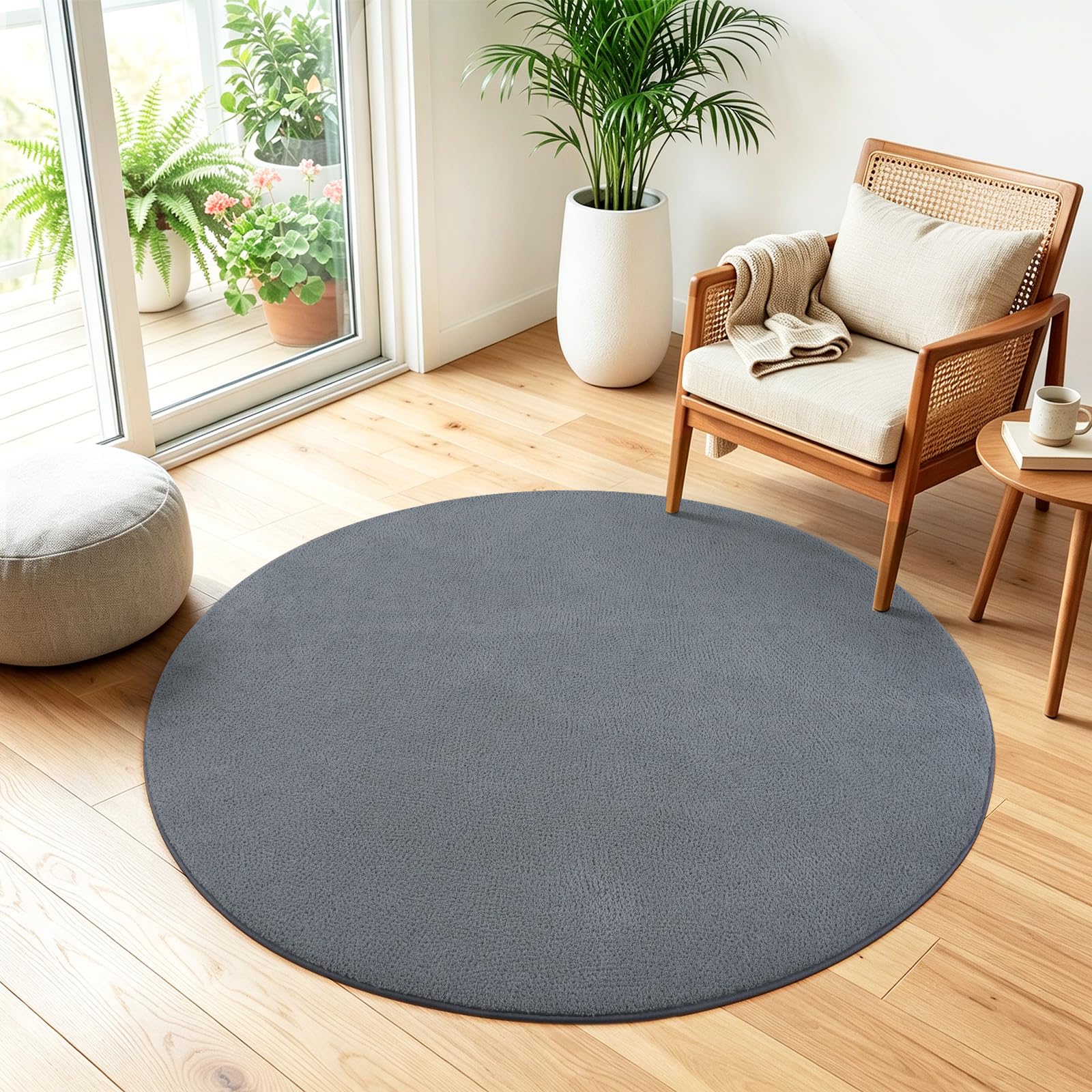 Rezutan Soft Washable Rugs for Bedroom Round 120cm Light Grey Fluffy Carpet — image 1
