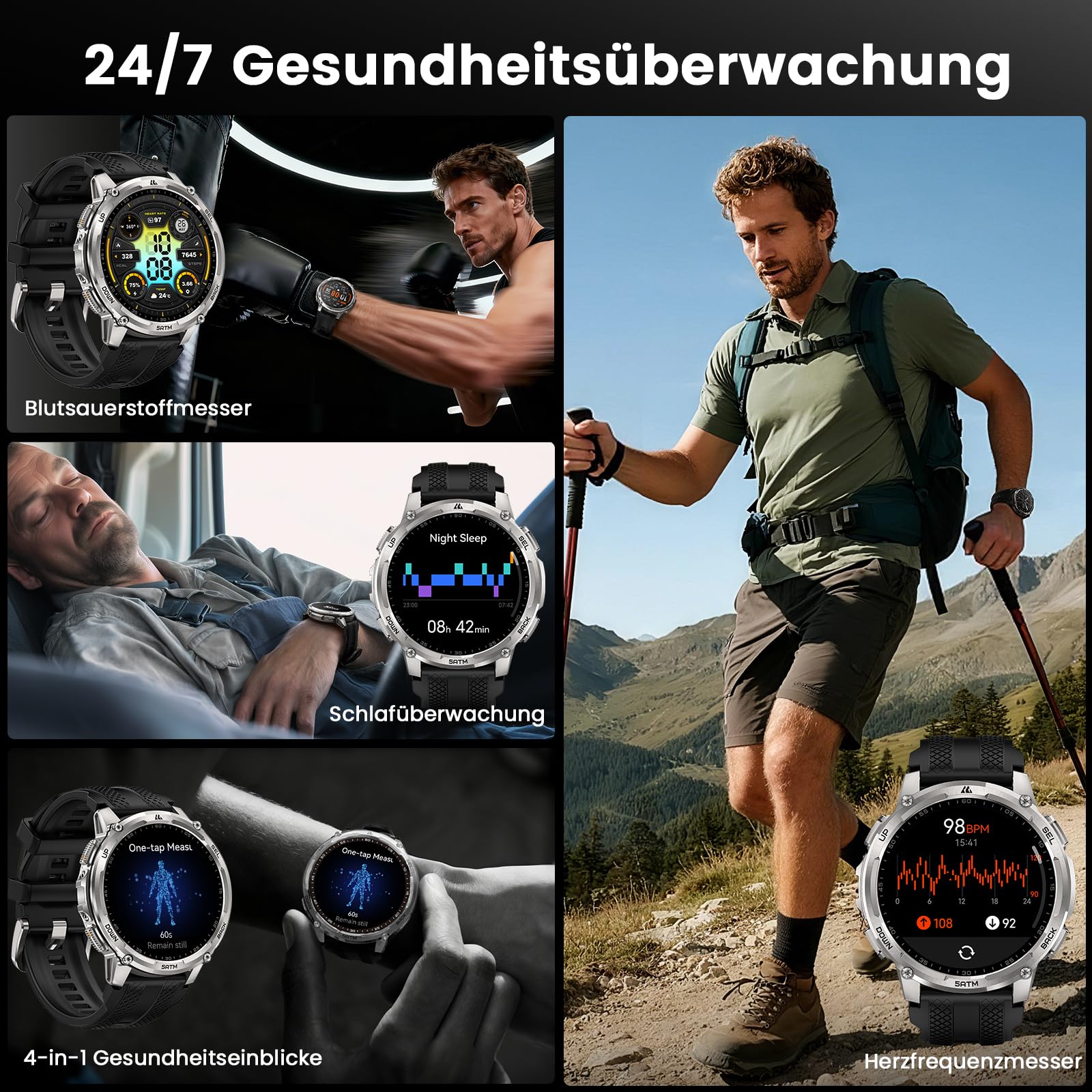KOSPET Tank T4C GPS Smartwatch Herren mit LED, 1,5" AMOLED, IP69K | Robuste Militär Watch für Android/iPhone, 50M wasserdicht, 170+ Sportmodi, Herzfrequenzmonitor & Schlaf, Telefonfunktion