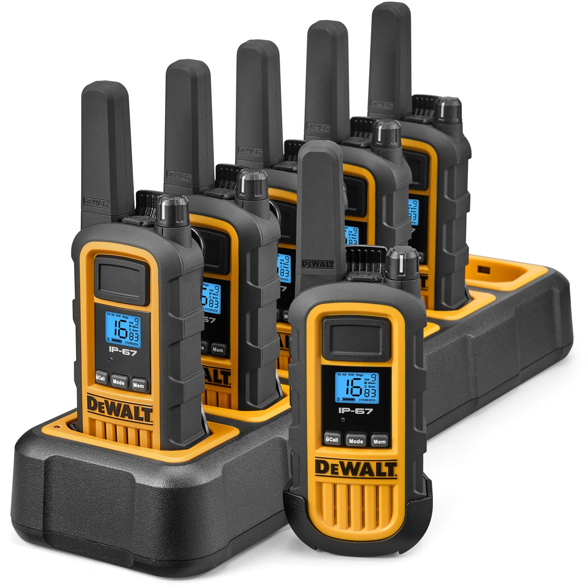 DeWALT Long Range Walkie Talkies for Adults - Professional Rechargeable Walkie Talkies with Charging Dock, VOX Licence-Free Handheld Two Way Radios for Work, Construction & Warehouse Teams. 6 Pack
