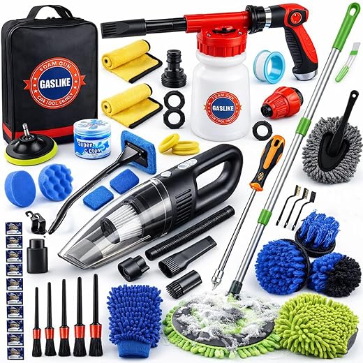 63PCS Car Wash Cleaning Kit,Car Wash Brush with Long Handle,Car Detailing Kit with Foam Gun,Car Cleaning Supplies,Handheld Vacuum, Car Detailing Kit (63PCS)