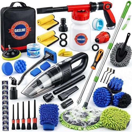 GASLIKE 63PCS Car Wash Cleaning Kit,Car Wash Brush with Long Handle,Car Detailing Kit with Foam Gun,Car Cleaning Supplies,Handheld Vacuum, Car Detailing Kit (63PCS)