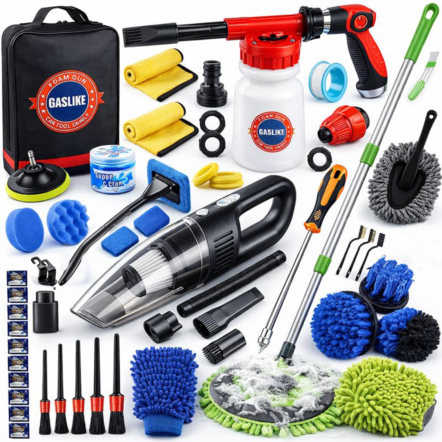 GASLIKE 63PCS Car Wash Cleaning Kit,Car Wash Brush with Long Handle,Car Detailing Kit with Foam Gun,Car Cleaning Supplies,Handheld Vacuum, Car