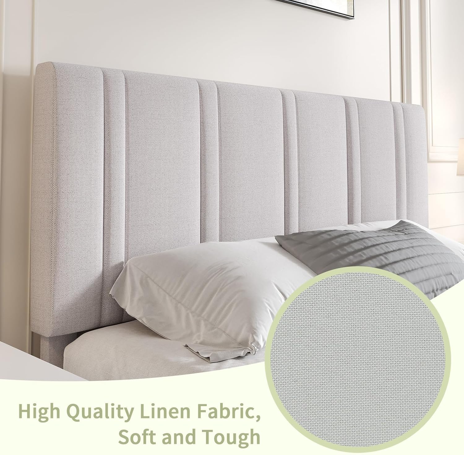 MaverickFurni Full Size Bed Frame with Headboard, Linen Fabric Upholstered Platform Bed Frame with Wooden Slats, Modern Style, No Box Spring Needed, Easy Assembly, White