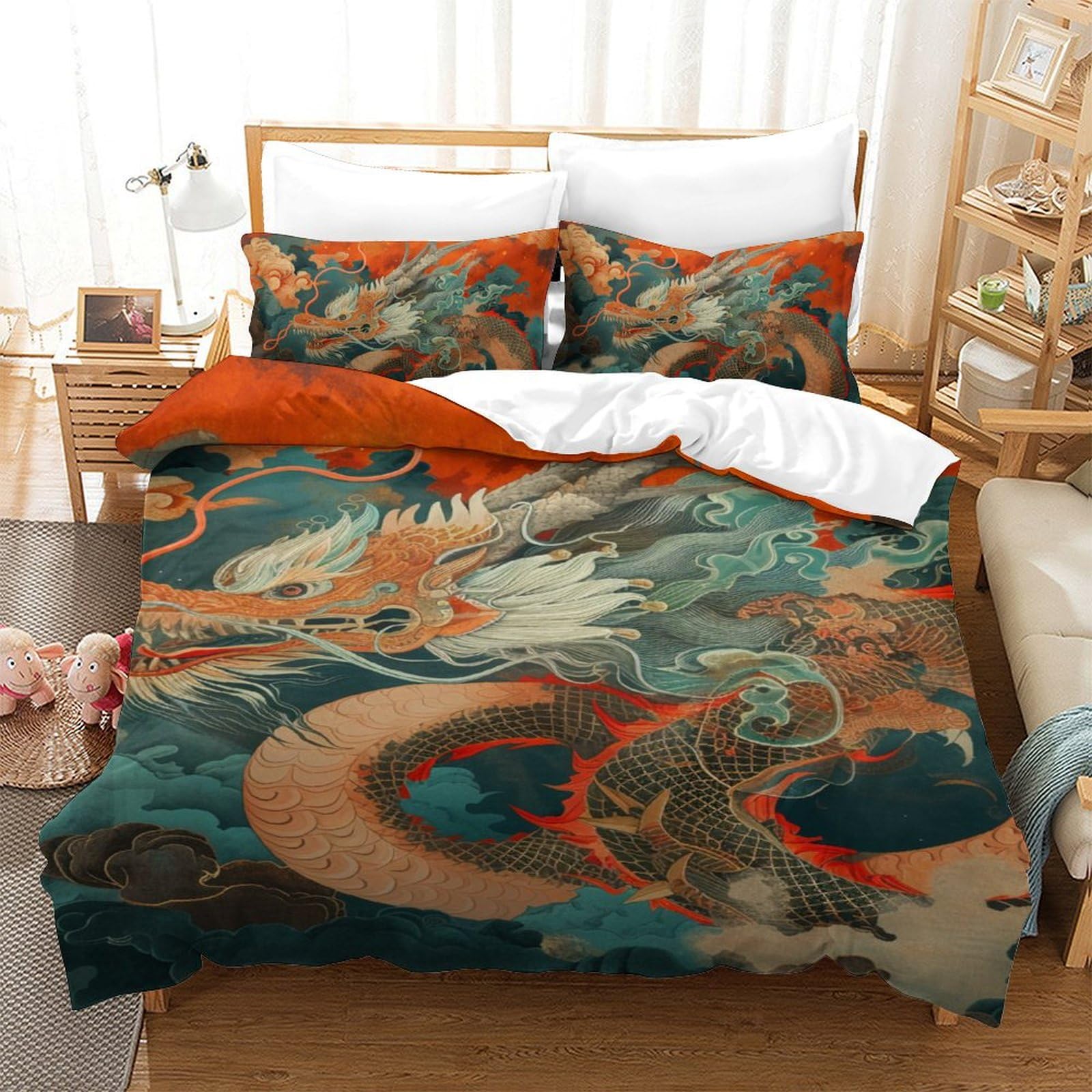 Housse de couette dragon 140x200 cm avec taies d'oreiller pour lit simple adulte
