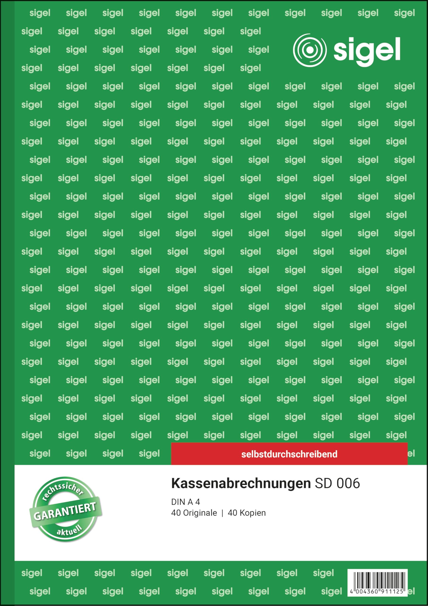SIGEL SD006 Kassenabrechnungen A4, 2x40 Blatt, selbstdurchschreibend, 1 Stück, mikroperforiert, mit Abheftlochung, aus nachhaltigem Papier