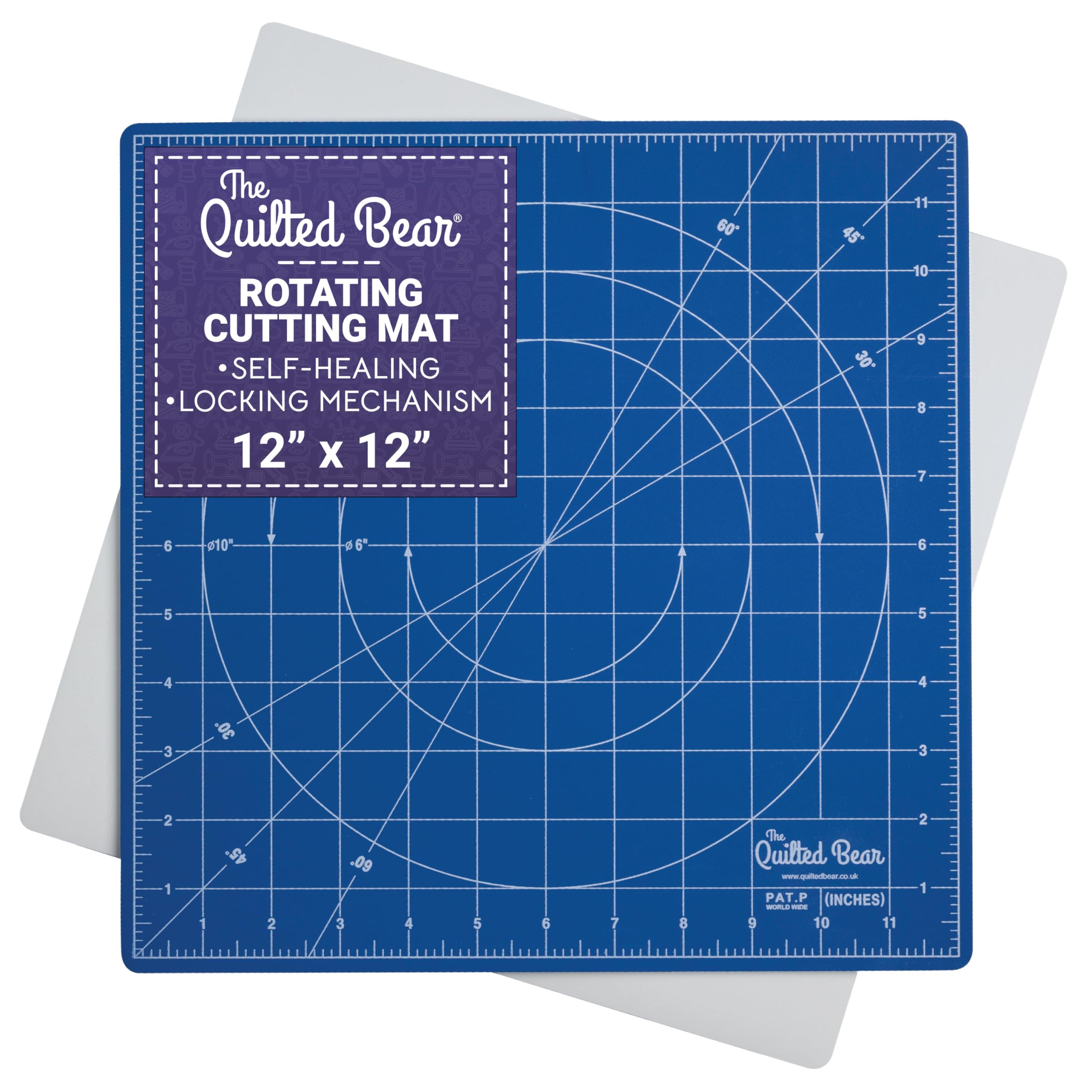 The Quilted Bear Rotating Cutting Mat 12" x 12" - Square Self Healing 360° Rotating Craft Cutting Mat with Innovative Locking Mechanism for Quilting & Sewing Your Choice of Colours Available! (Blue)