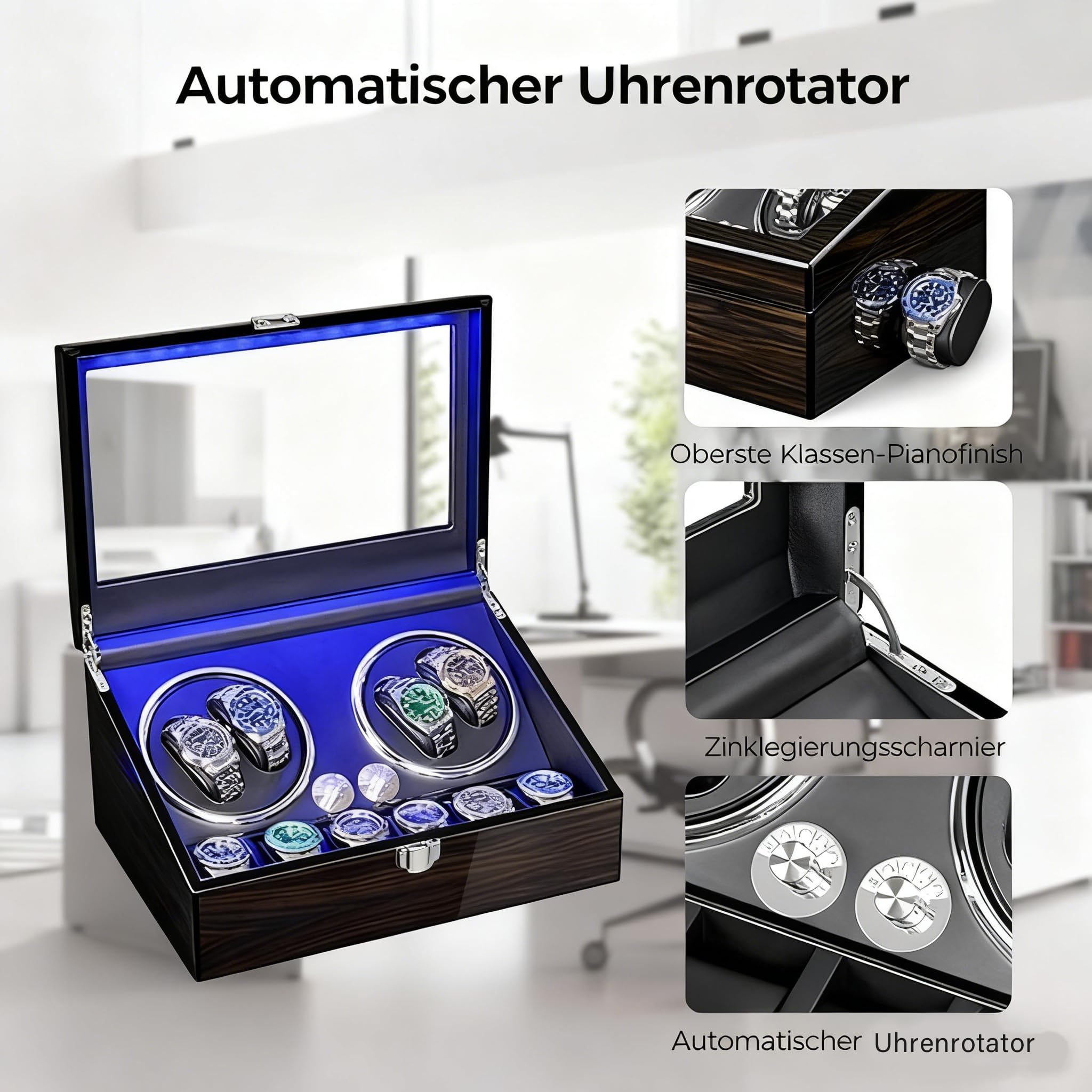 ANWBROAD Uhrenbeweger für Automatikuhren 4 Uhrenrotatoren und 6 zusätzliche Stauräume mit superleisen Mabuchi-Motor LED-Hintergrundbeleuchtung Uhrendreher Uhrenschüttler 4 Modi Geschenk USB