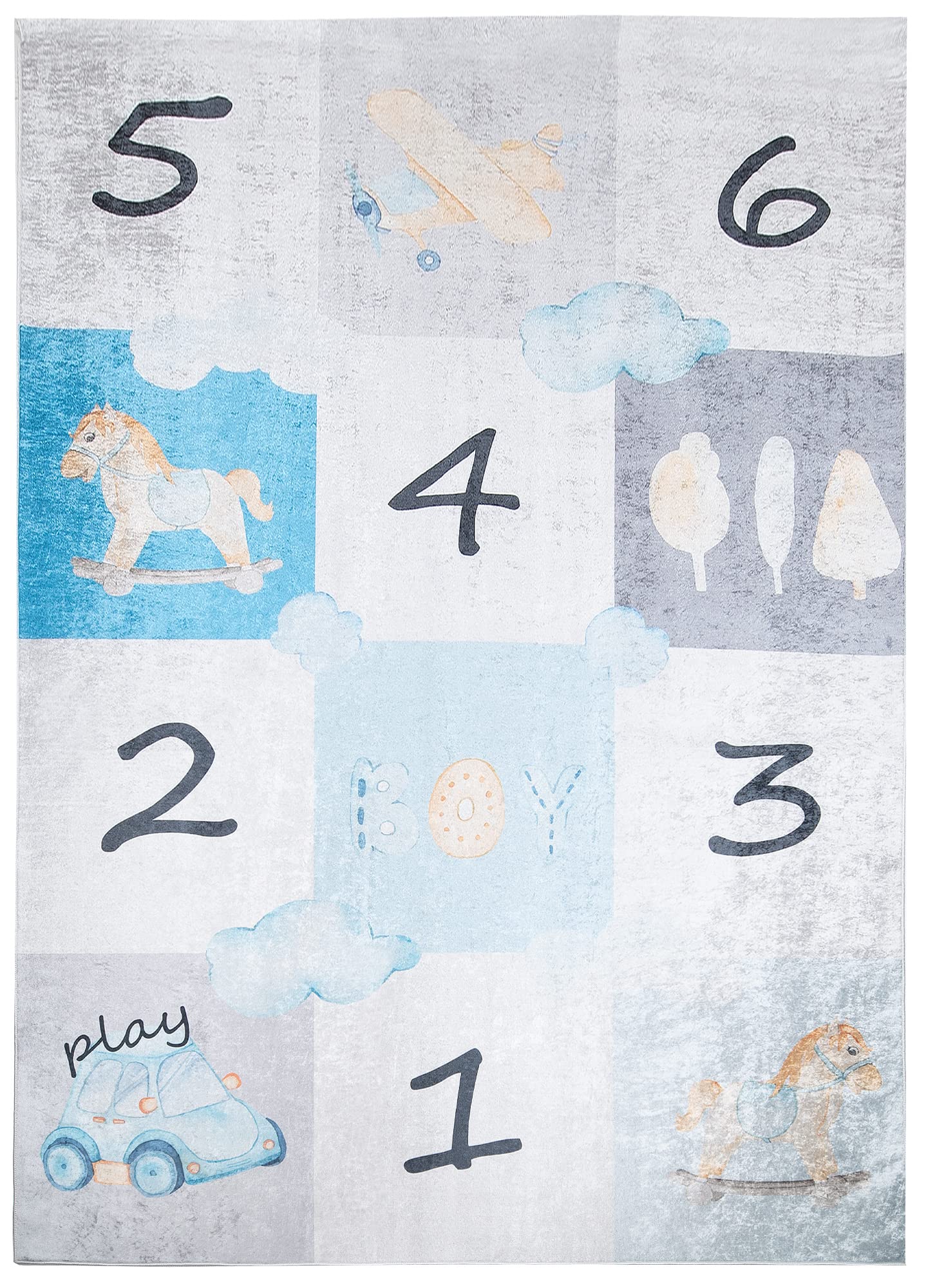 TAPISO Emma Alfombra Antideslizante de Habitación Infantil Juvenil Dormitorio de Niño Bebé Diseño Moderno Numeros Letras Crema Gris Azul Patrón Impreso Sin Pelo Suave 120 x 170 cm