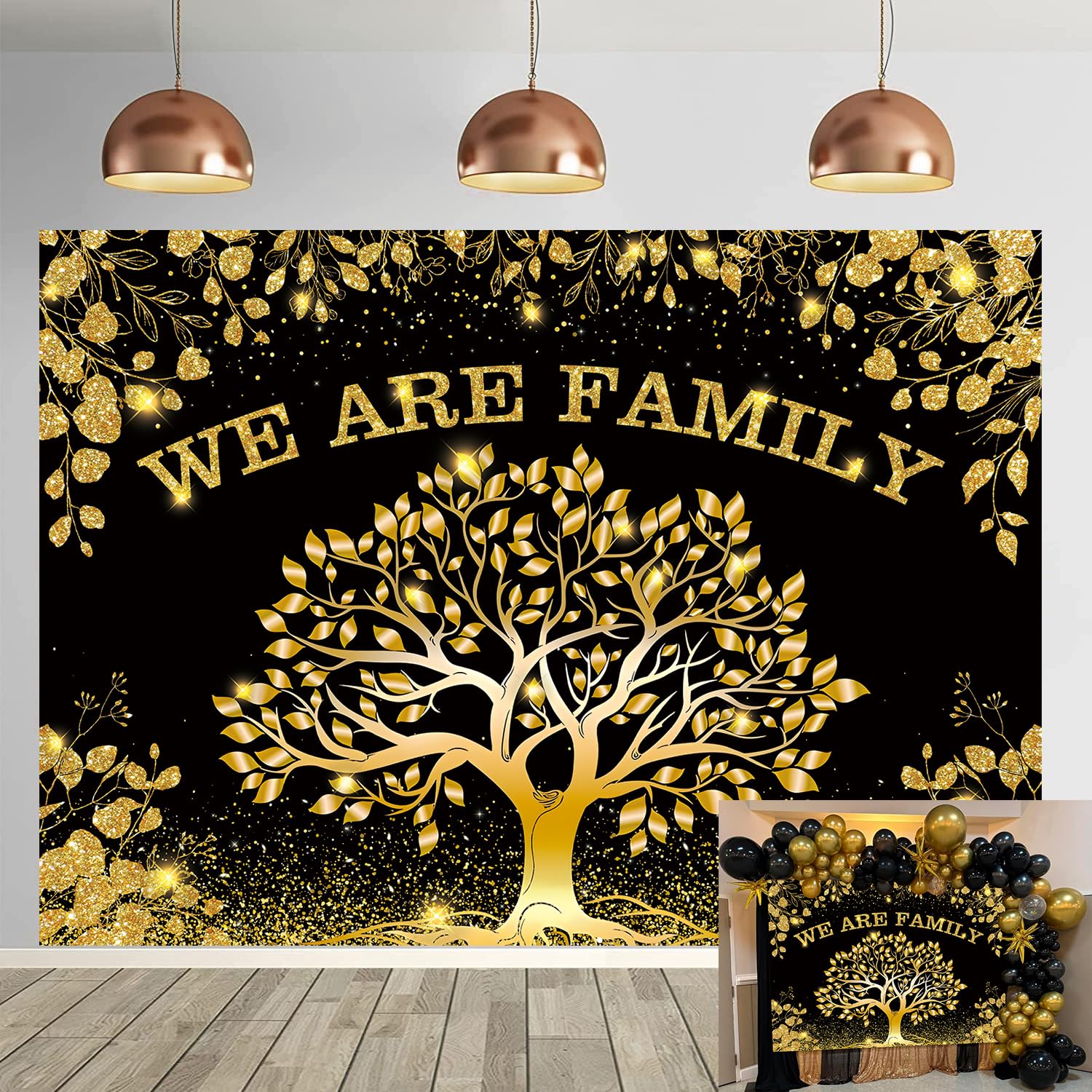 Family Reunion Backdrop Black Gold We are Family Photography Background Family Tree Banner for Welcome Home Member Gathering Party Decorations