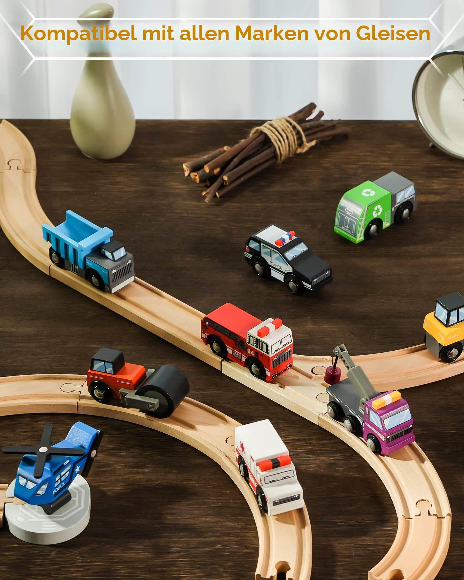 SainSmart Jr. Holzfahrzeuge Set (10 Stück), Spielzeug Autos mit Feuerwehr, Polizei, Krankenwagen & Baufahrzeuge, kompatibel mit Allen gängigen Holzeisenbahnen, Geschenk ab 3 Jahren