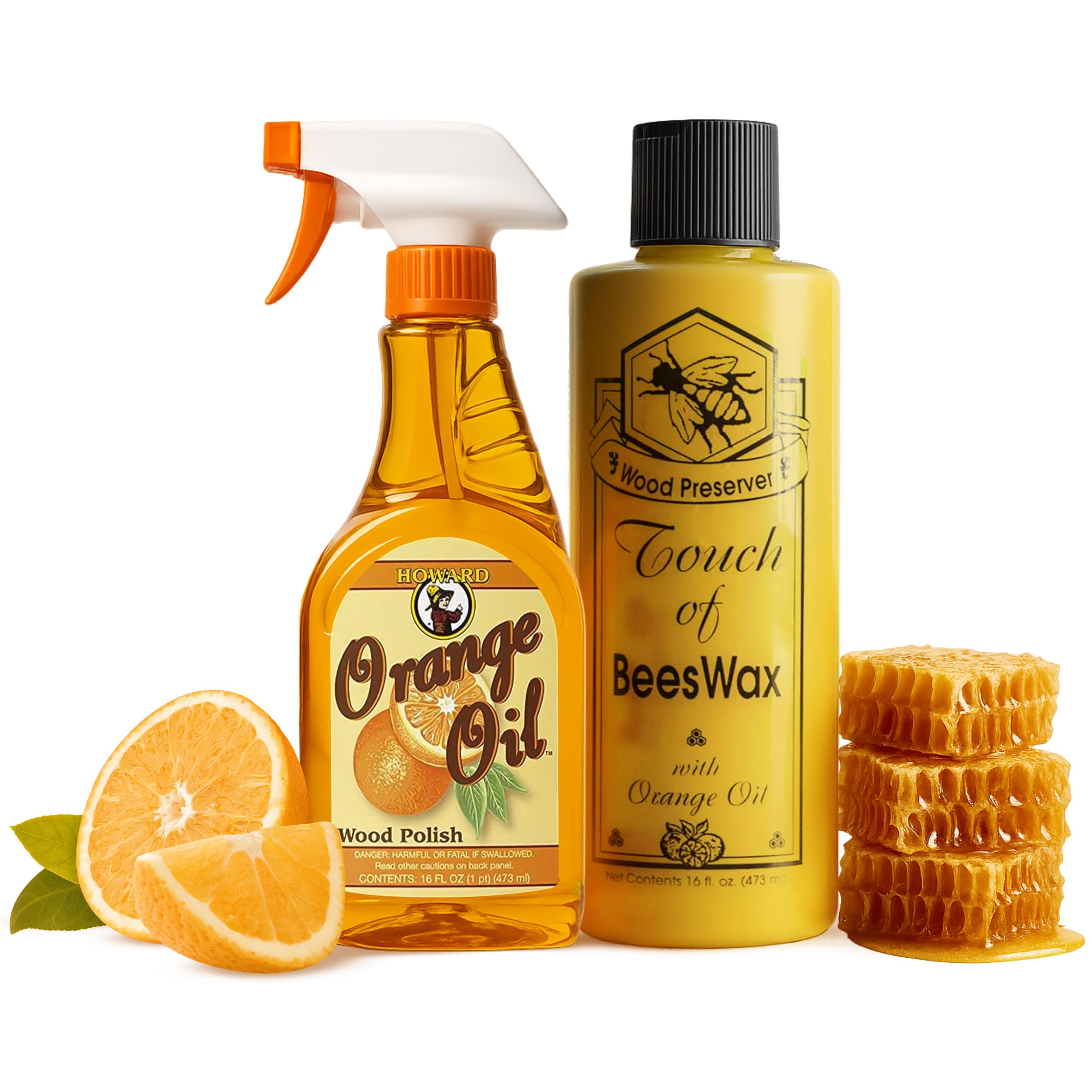 Howard Orange Oil Wood Cleaner Plus Touch of Beeswax Preserver and Conditioner | Feed Into Hardwood, Restore and Protect Cabinets