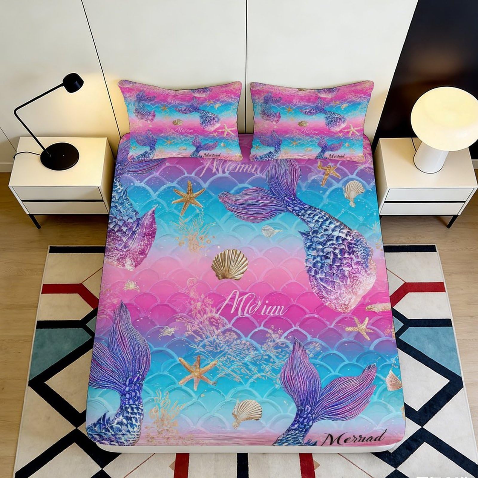 3D Printed Mermaid Fitted Sheet Microfiber Deep Pocket Non-Slip Mermaid Mattress Fitted Cover Bedroom Bedding for Adults Teens 200x200x25cm 90x200x25cm