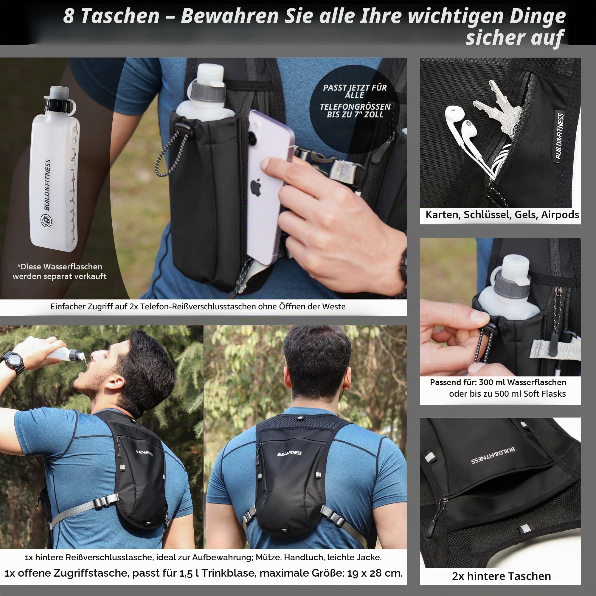 Lauf-Trinkweste für Damen und Herren. Reflektierend, 8 Taschen, schnell trocknend, 1.5L, Verstellbarer Rucksack für Läufe, Radfahren, Trails, Marathons