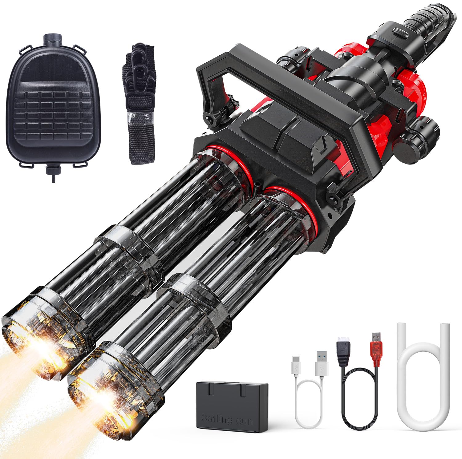 Elektrische Doppelläufige Gatling-Wasserpistole, Lichtemission, wiederaufladbares Akkumodul inklusive, mit großvolumigem Rucksack.