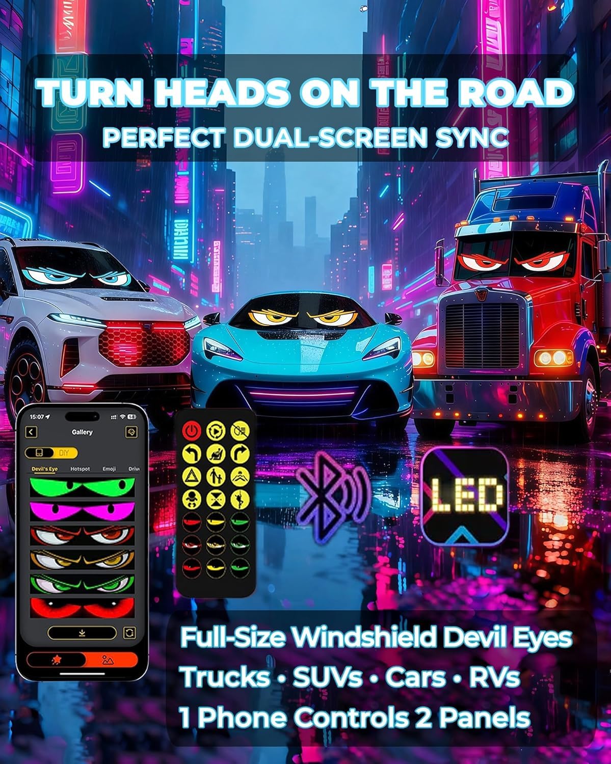 2 Stück Devil Eyes Light for LKW, Cars LED Auge Lichter (120*595mm) mit Fernbedienung & APP-Steuerung, benutzerdefiniertem Text, Animationen und Grafiken, LED-Augen für Autos/LKWs/SUVs/Wohnmobile