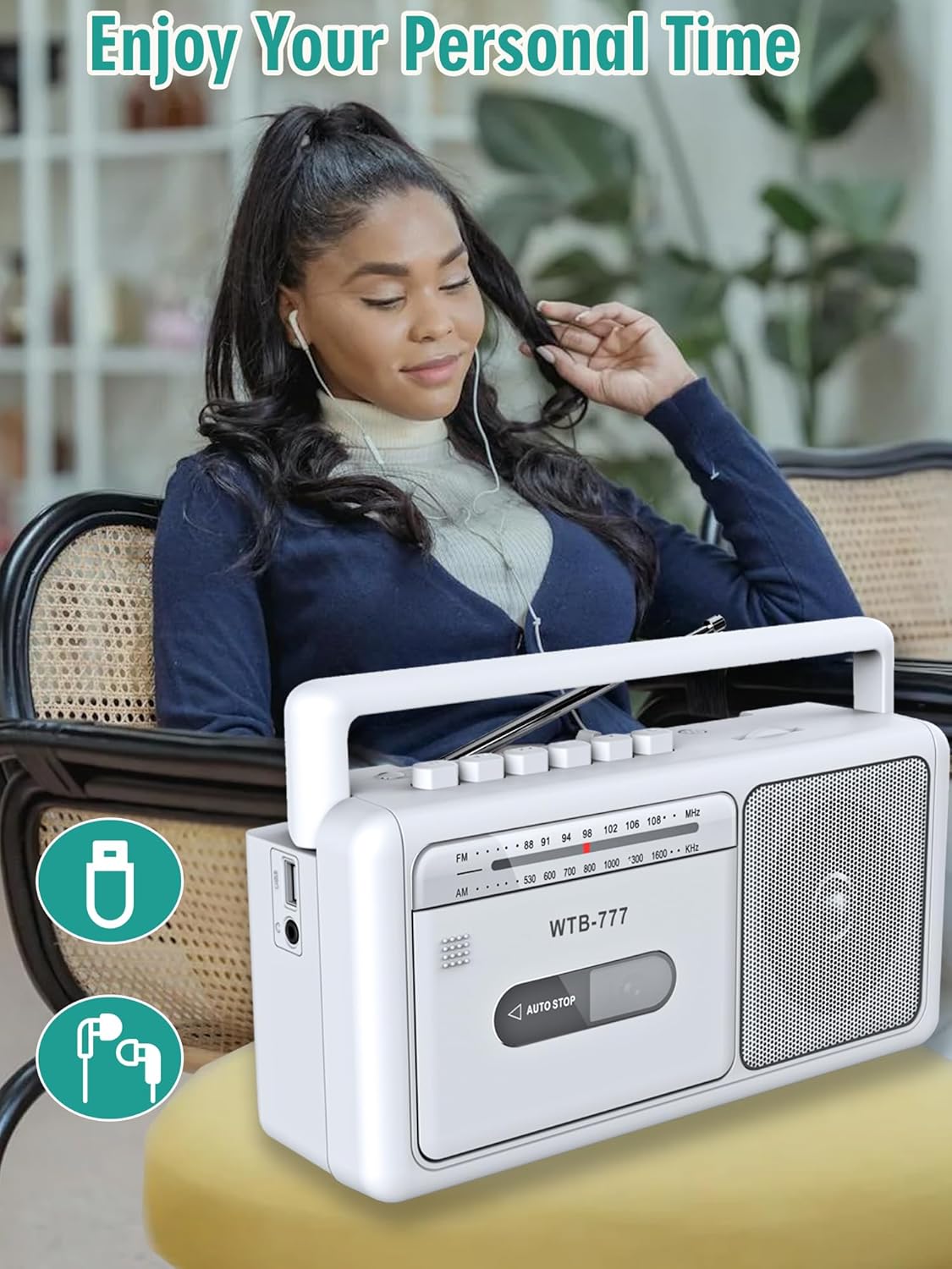 A woman listening to the WIITHINK WTB-777 with headphones, showing the USB port and earphone jack.