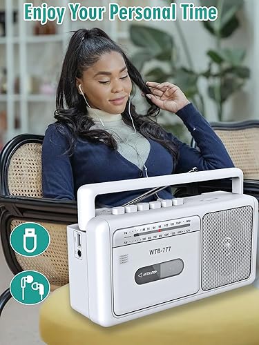 Miniatura 5 de Reproductor de cinta de casete y grabadora de casete con Bluetooth Boombox, radio AMFM, USB, conector de auriculares, micrófono integrado,