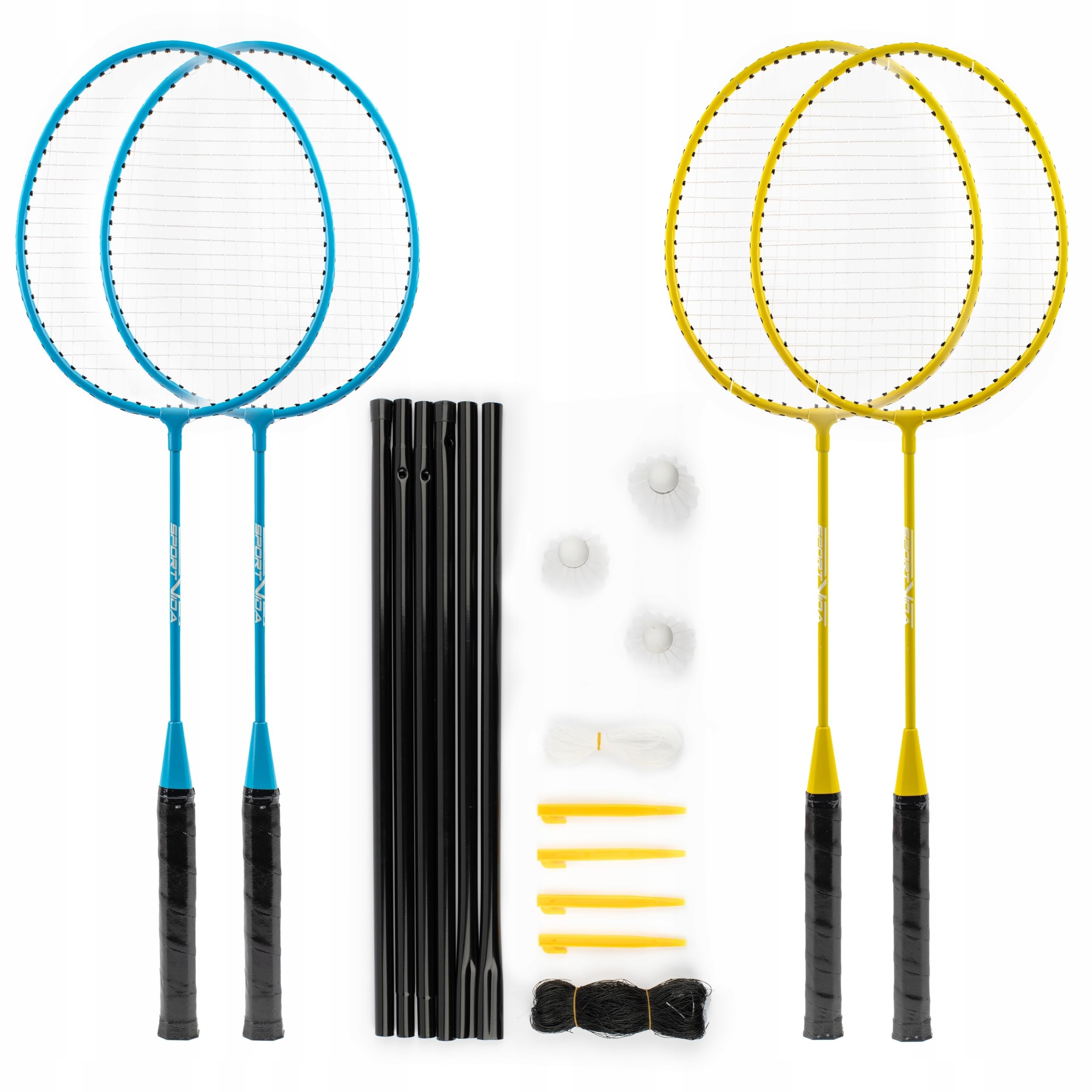 Lot de 4 raquettes de badminton - 3 volants à ressort - Filet et sac de transport - Jaune et bleu clair - Acier et aluminium - Hauteur des poteaux de 170 cm - Kit complet pour sports de loisirs