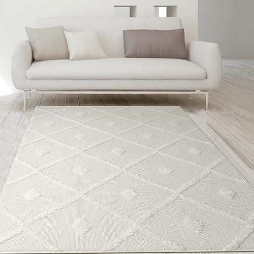 Antep Rugs Palafito - Alfombra geométrica de pelo largo con textura de diamantes de pelo alto y bajo de 5 x 7 pies (blanco, 5 pies 3 pulgadas x 7