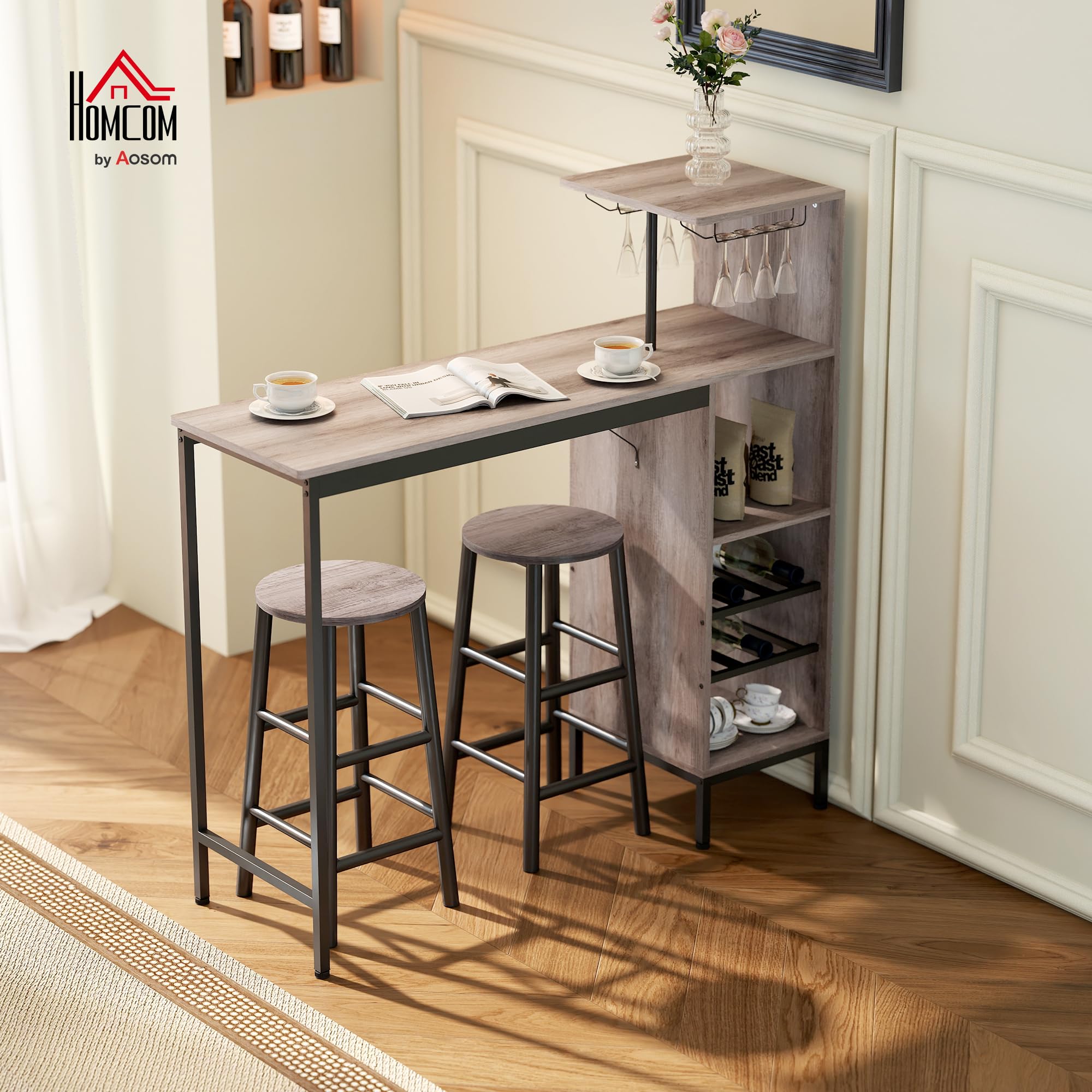 HOMCOM Bartisch mit Barhocker Set Tresentisch mit 2 Stühlen mit Fußstütze, Esstisch mit Weinglashalter, Ablage, Weinregal, Industrial Bartisch Set für Esszimmer, Kleine Raum, Grau