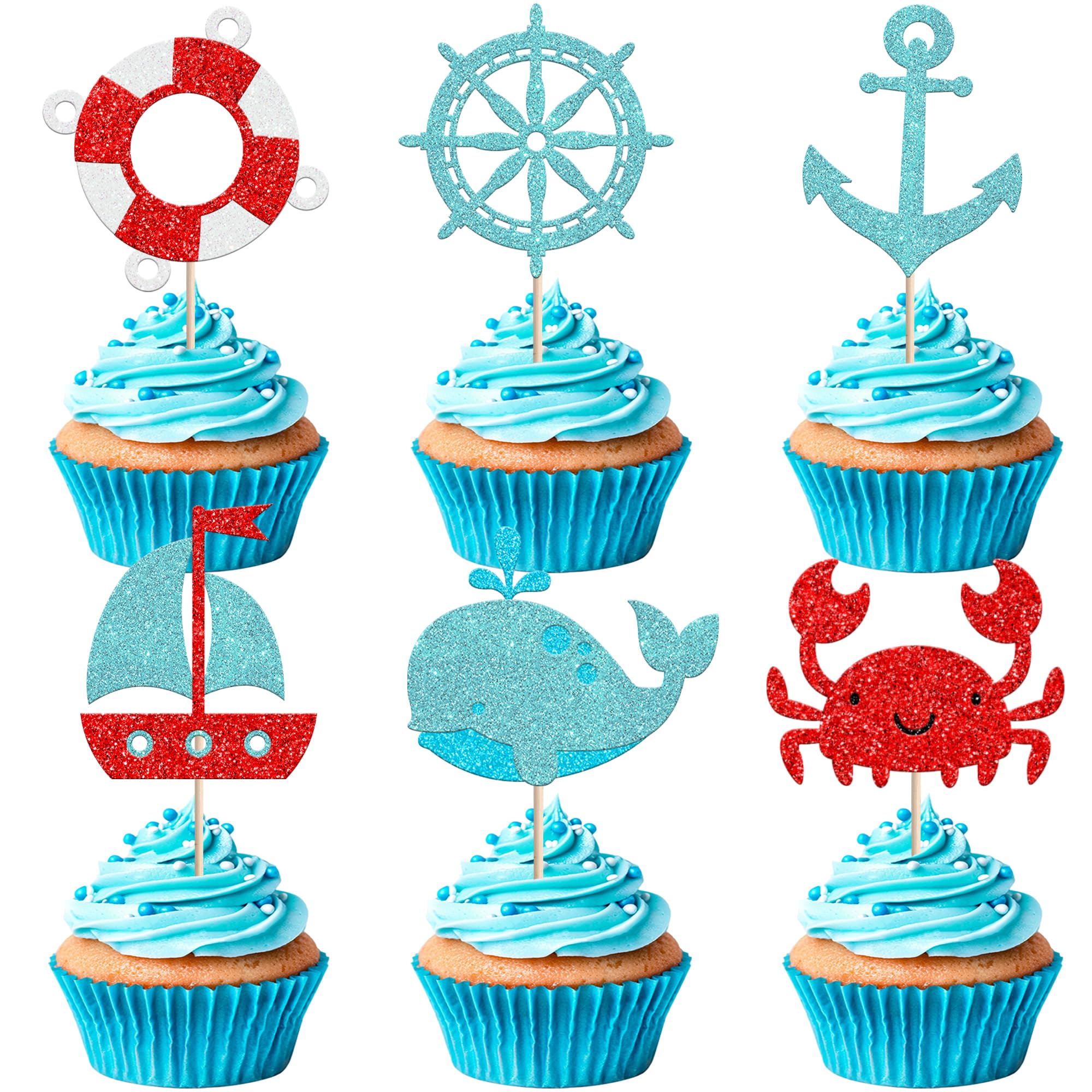 24 Stück Nautisch Tortendeko Glitzer Delfin Krabbe Segelboot Kuchen Deko zean Marine Thema Cupcake Toppers für Baby Dusche Kinder Geburtstag Party Kuchen Dekorationen Hellblau