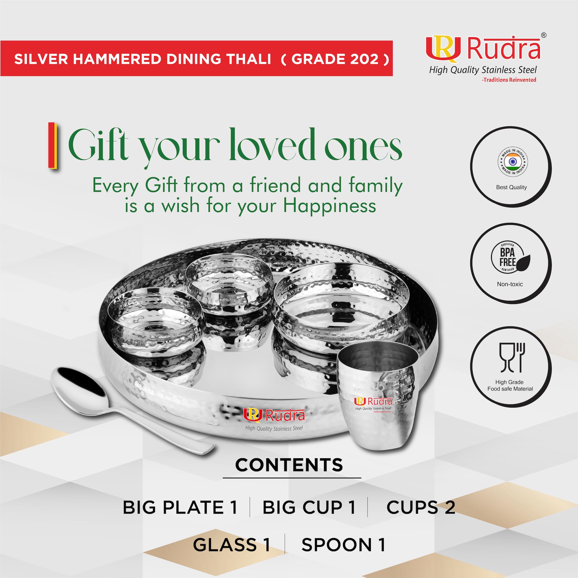 Rudra Stainless Steel 6 Piece Silver Hammered Dinner Thali Set | Grade 202-2 | for Gifting | for Home, Restaurants, Family| (14" Standard) 3