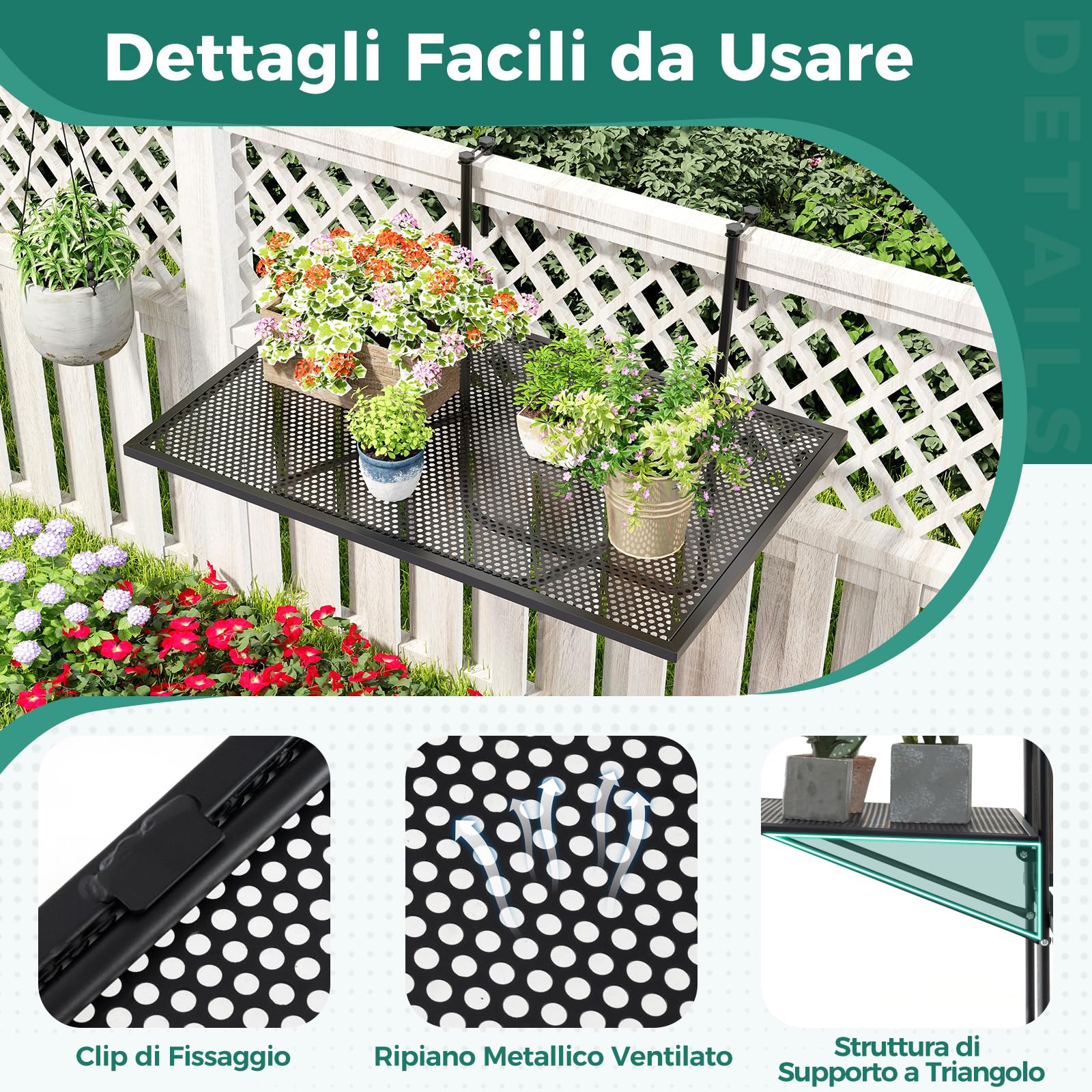 COSTWAY Tavolino da Balcone, Tavolino Sospeso Pieghevole con Struttura in Metallo, Tavolo Salvaspazio da Ringhiera per Patio e Terrazzo, Portata 23 kg, 60,5 x 50,5 x 51 cm