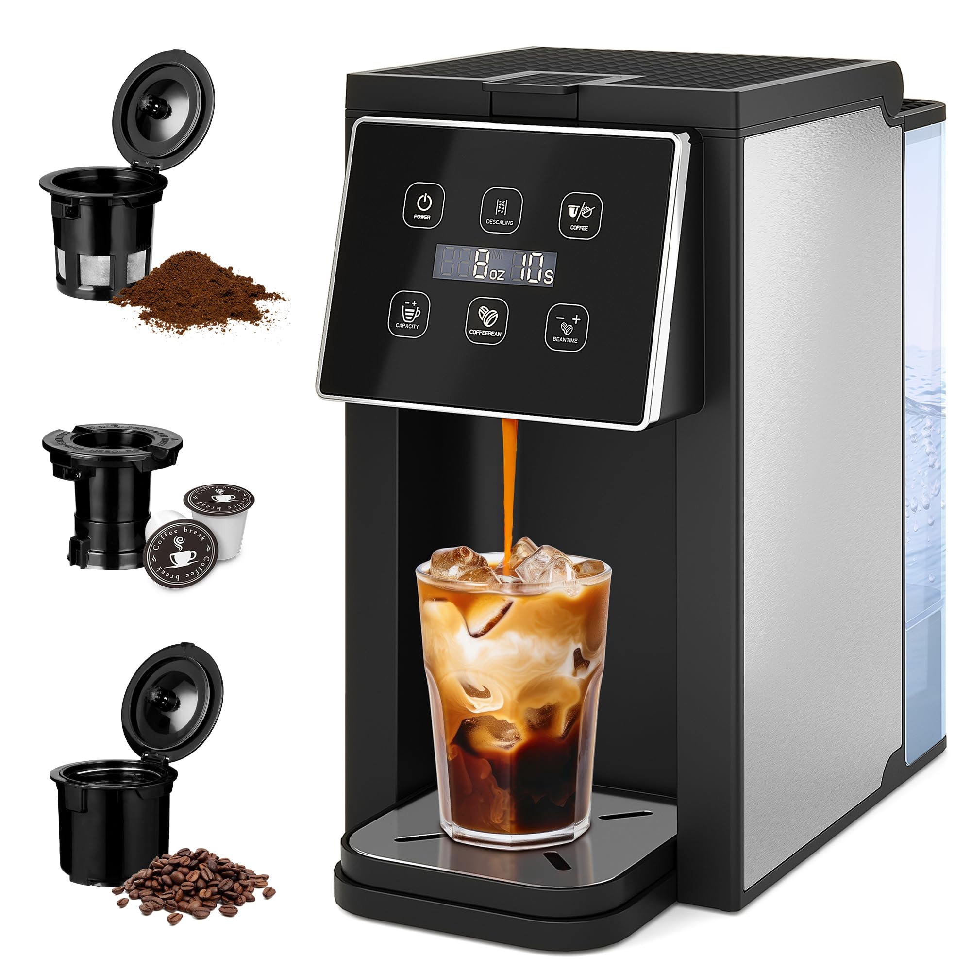 HEYNEMO Single Serve Coffee Maker with Grinder, Coffee Machine with Grinder for Pods & Ground Coffee & Teas, 6 to 14oz Brew Sizes, 50 oz Removable Water Tank, Self-cleaning Function, Black
