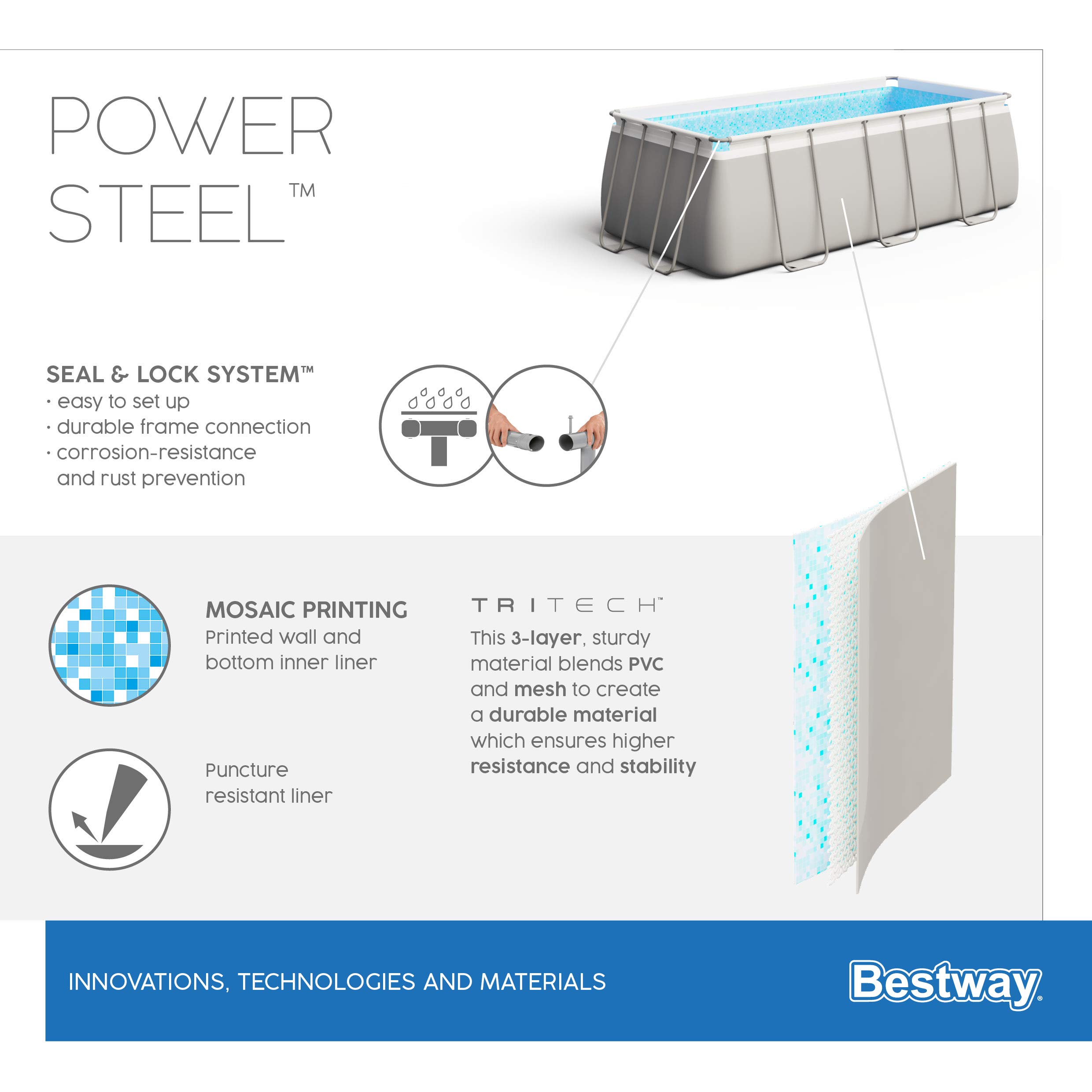 Bestway Power Steel Frame Pool-Set mit Filterpumpe 404 x 201 x 100 cm, lichtgrau, eckig