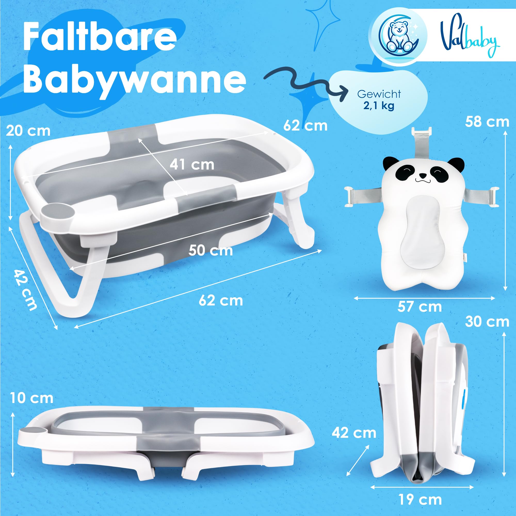 VALBABY Składana wanienka dla niemowląt z ergonomiczną antypoślizgową poduszką, przenośna i kompaktowa, łatwa do czyszczenia, dla dzieci w wieku 0-3 lat, bezpieczna i wszechstronna wanienka dla