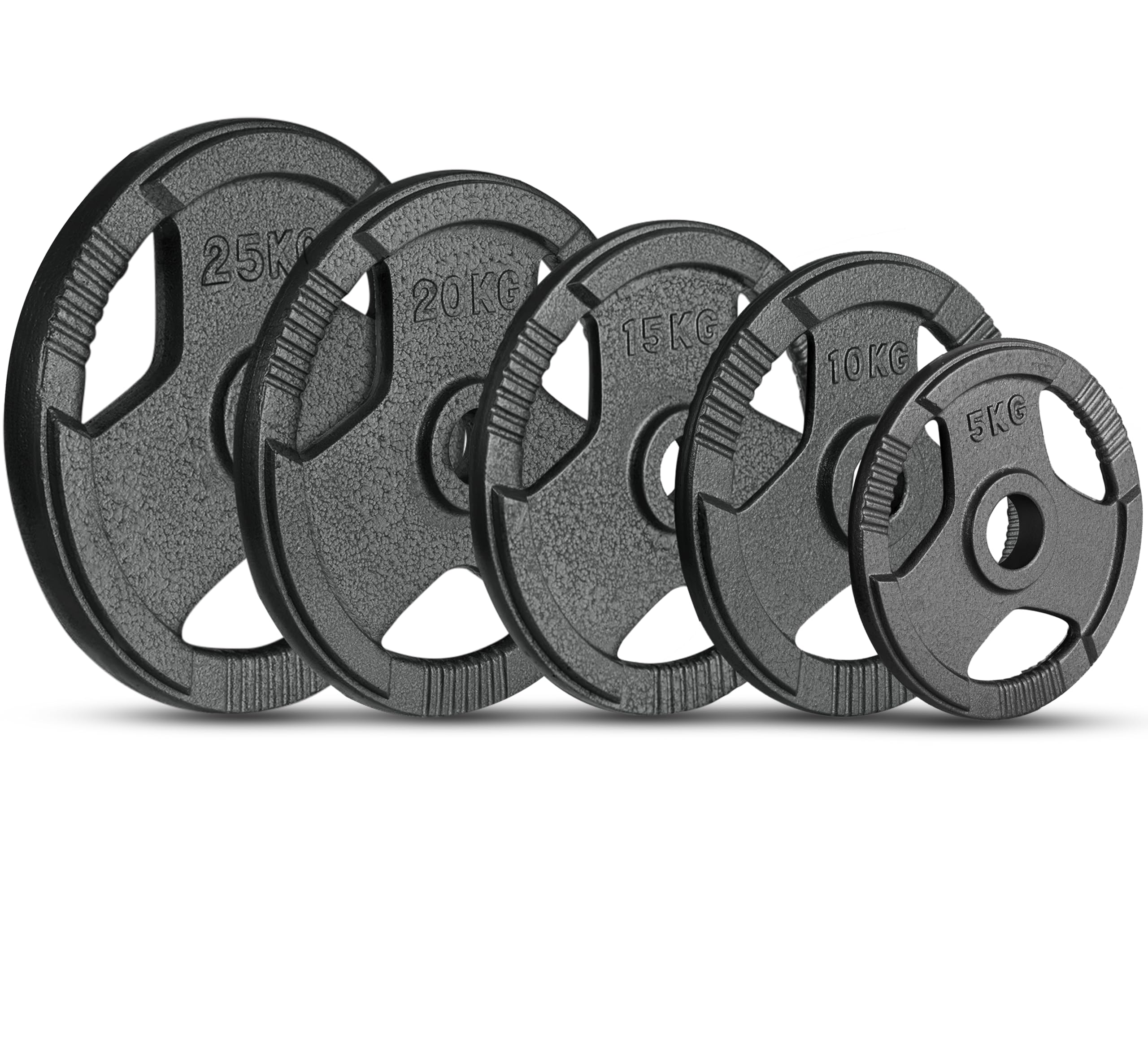 FK Sports Cast Iron Olympic Weight Plates - Cast Iron Weight Plates 2” opening, 5kg, 10kg, 15kg, 20kg, 25kg Tri Grip Barbell Weights, Gym Equipment for Home, Sold in Pair (25 Kilograms)