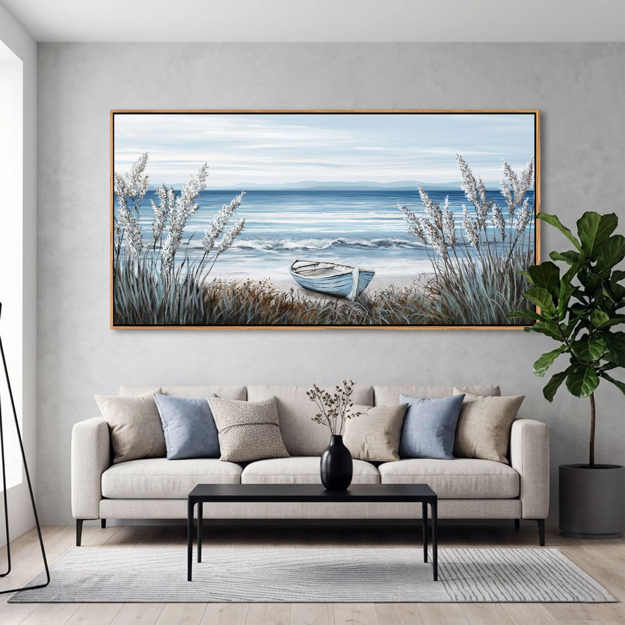 AJAZIKO Beach Vintage Wall Art Pictures for Living Room Coastal Artwork for Walls Ocean Bedroom Wall Decor Above Bed Landscape Beach Canvas Wall Art Featuring Boat, Farmhouse, Seascape 24×48IN