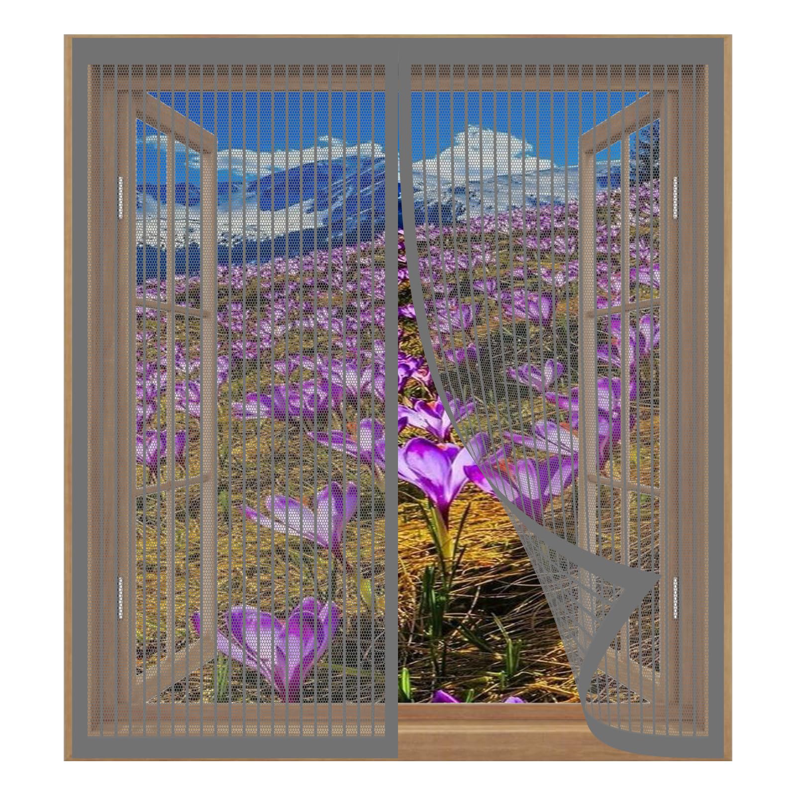 Magnetic Door Screen 113 x 129 cm Easy Installation No Drilling Or Screwing Powerful Magnets Snap Shut Automatically for Windows Nets to Keep Bugs Out, Grey