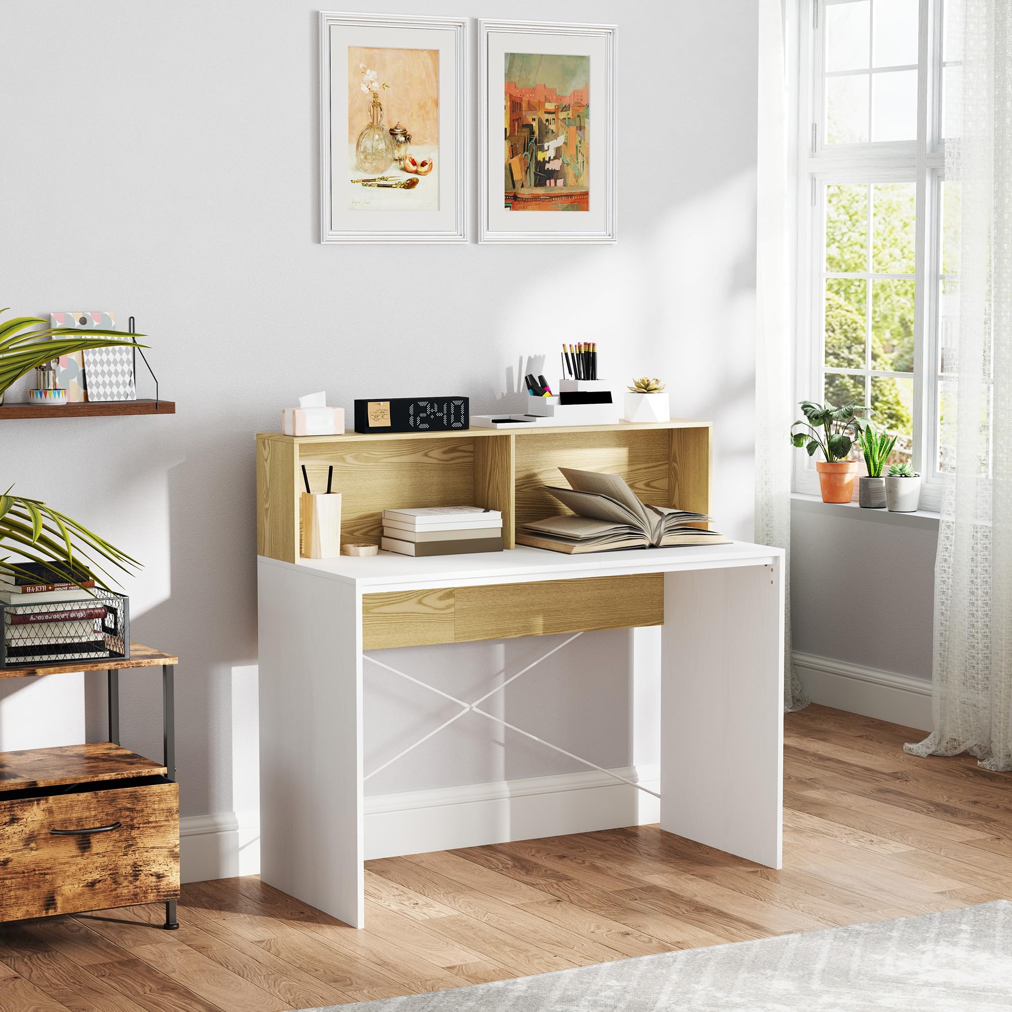 HOMCOM Escritorio con Estante, 110x50x102,6 cm Blanco y Madera Natural